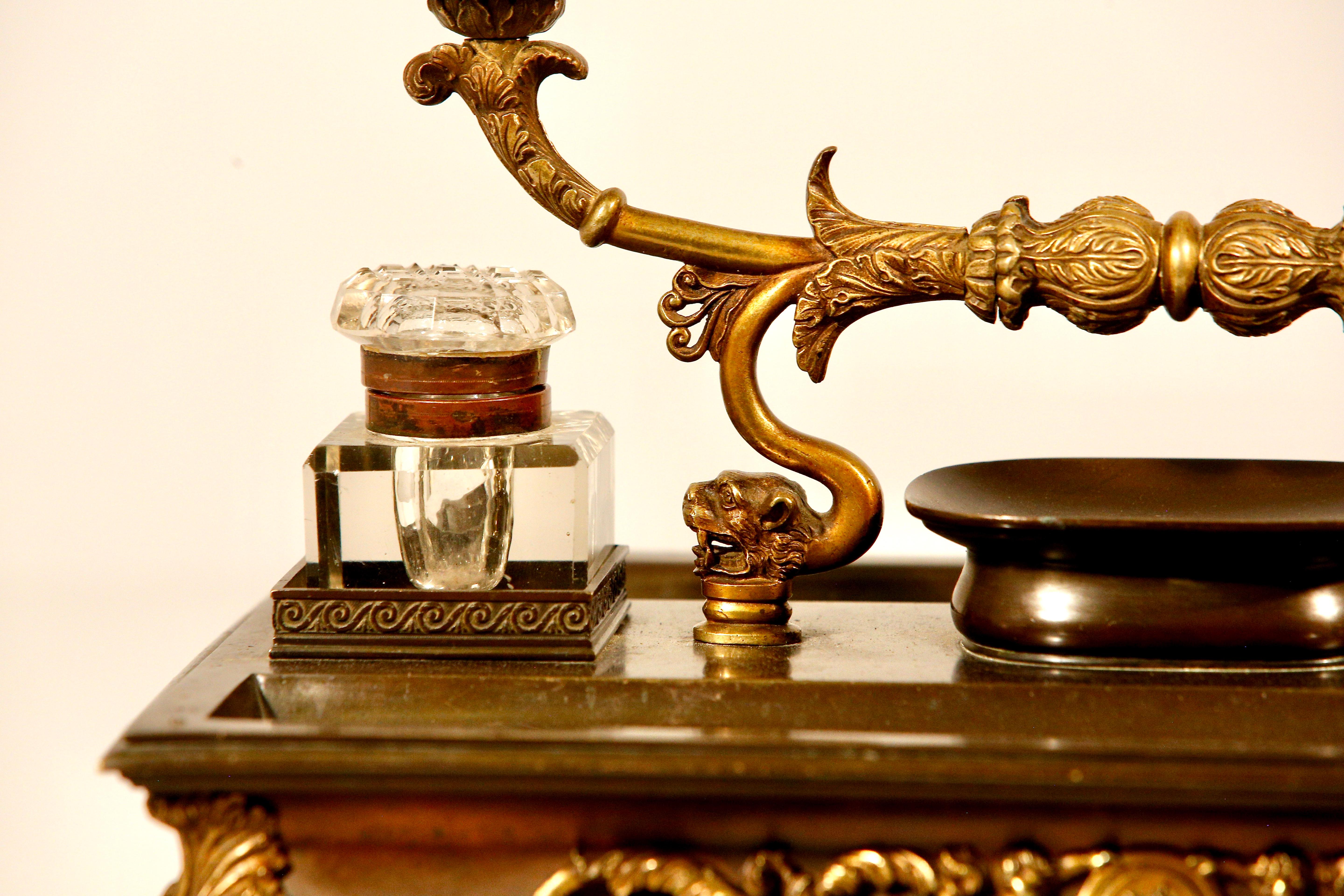 French Bronze and Gilded Bronze Inkwell and Candlestand 19th Century For Sale 4