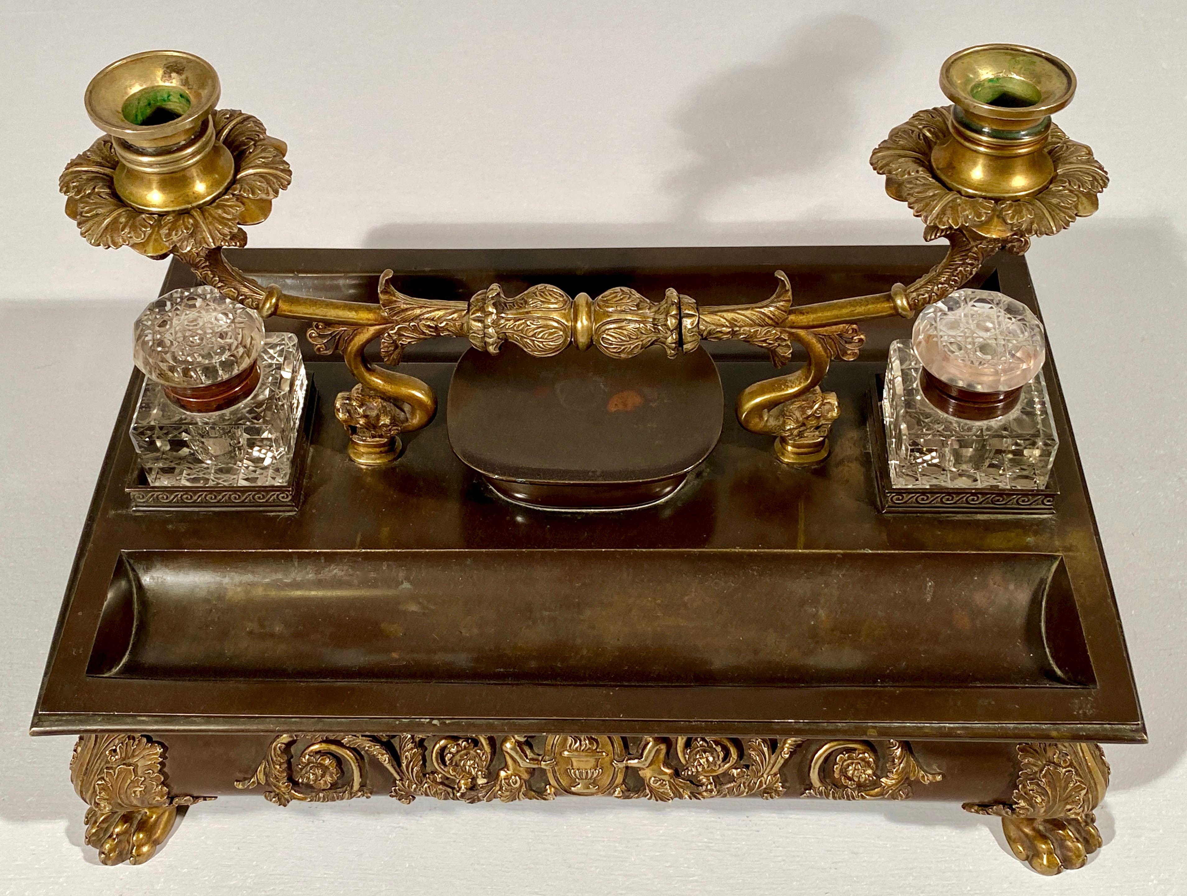 French Bronze and Gilded Bronze Inkwell and Candlestand 19th Century For Sale 5