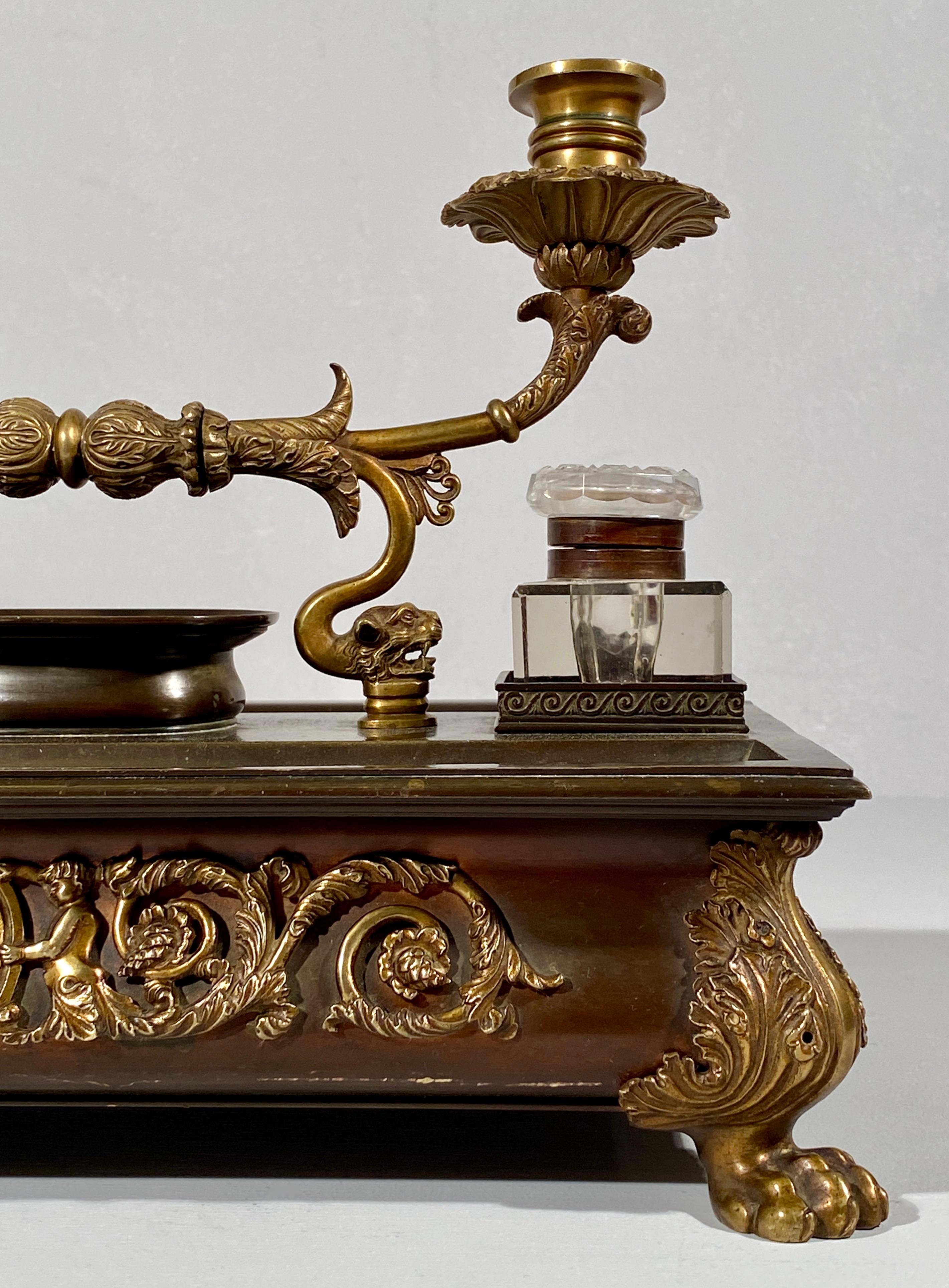 French Bronze and Gilded Bronze Inkwell and Candlestand 19th Century For Sale 6