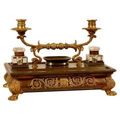 Antique French Bronze and Gilded Bronze Inkwell and Candlestand 19th Century