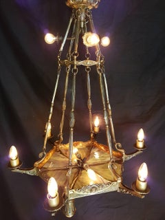French Bronze and Glass Art Nouveau Chandelier