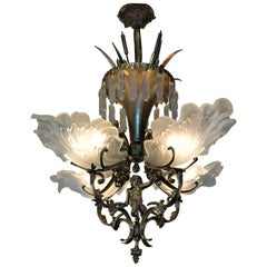French Bronze and Glass Leaf Shade Chandelier