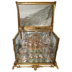 Antique French Bronze and Glass Tantalus Set with Beveled and Cut Glass Panels