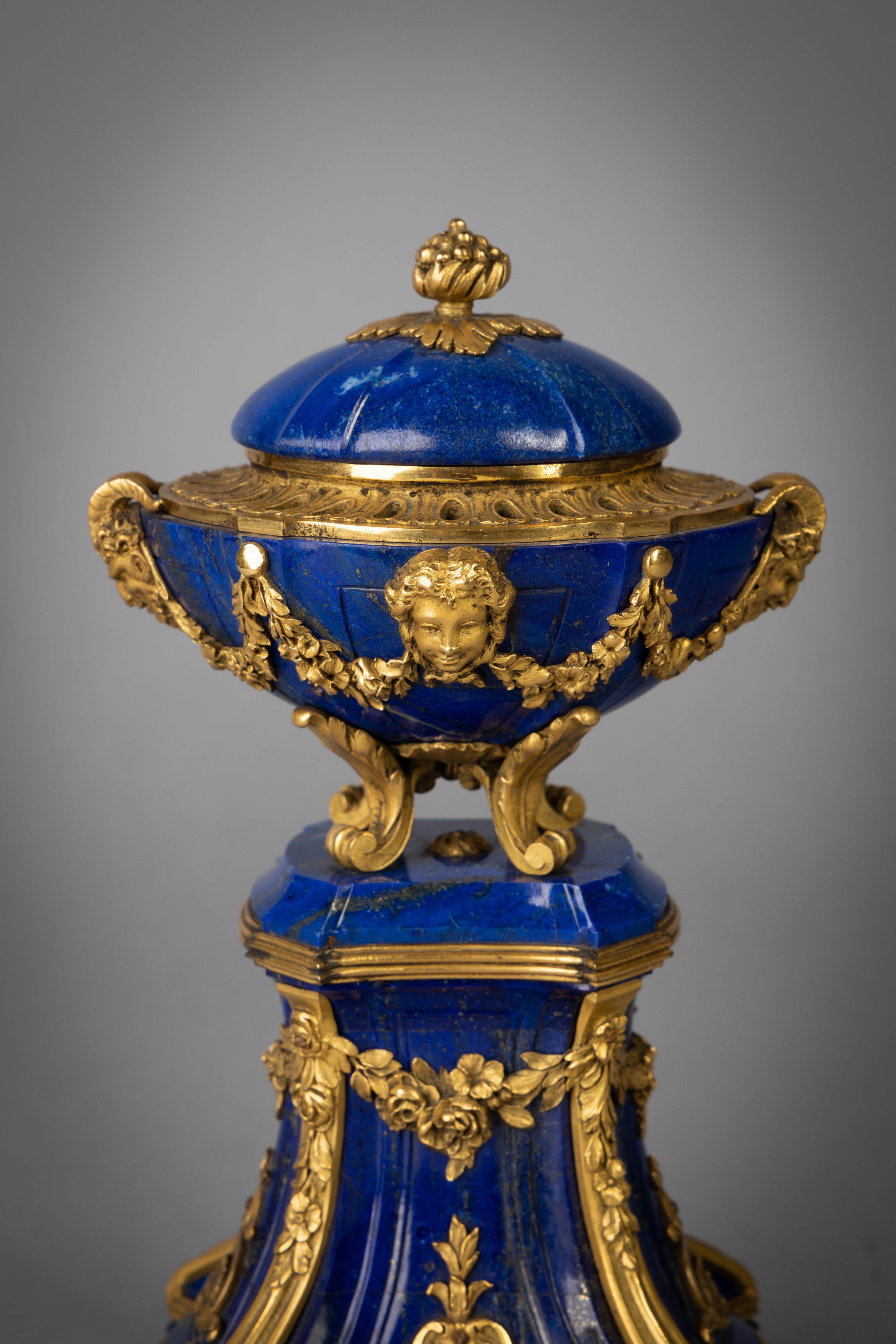 French Bronze and Lapis Covered Urn on Pedestal, circa 1875 In Good Condition For Sale In New York, NY
