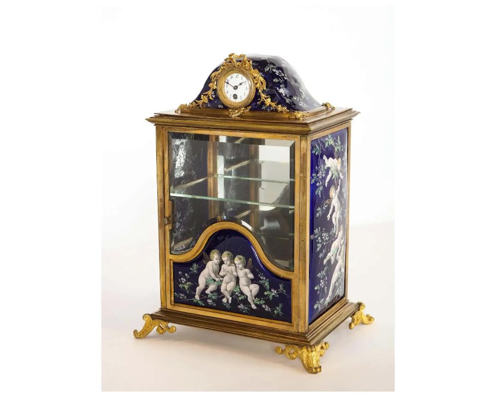 French Bronze and Limoges Enamel Jewelry Vitrine Cabinet with Clock For Sale 6