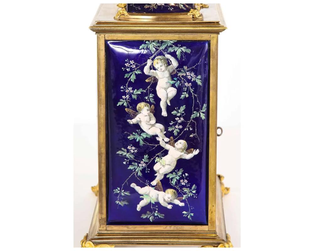 French Bronze and Limoges Enamel Jewelry Vitrine Cabinet with Clock For Sale 8