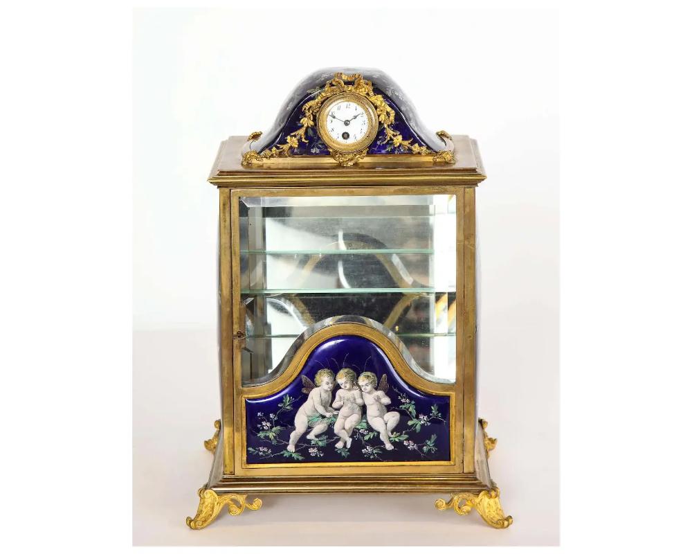 French Bronze and Limoges Enamel Jewelry Vitrine Cabinet with Clock In Good Condition For Sale In New York, NY