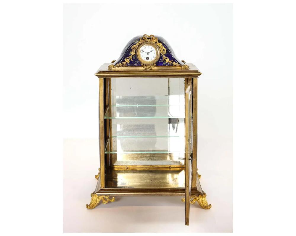19th Century French Bronze and Limoges Enamel Jewelry Vitrine Cabinet with Clock For Sale