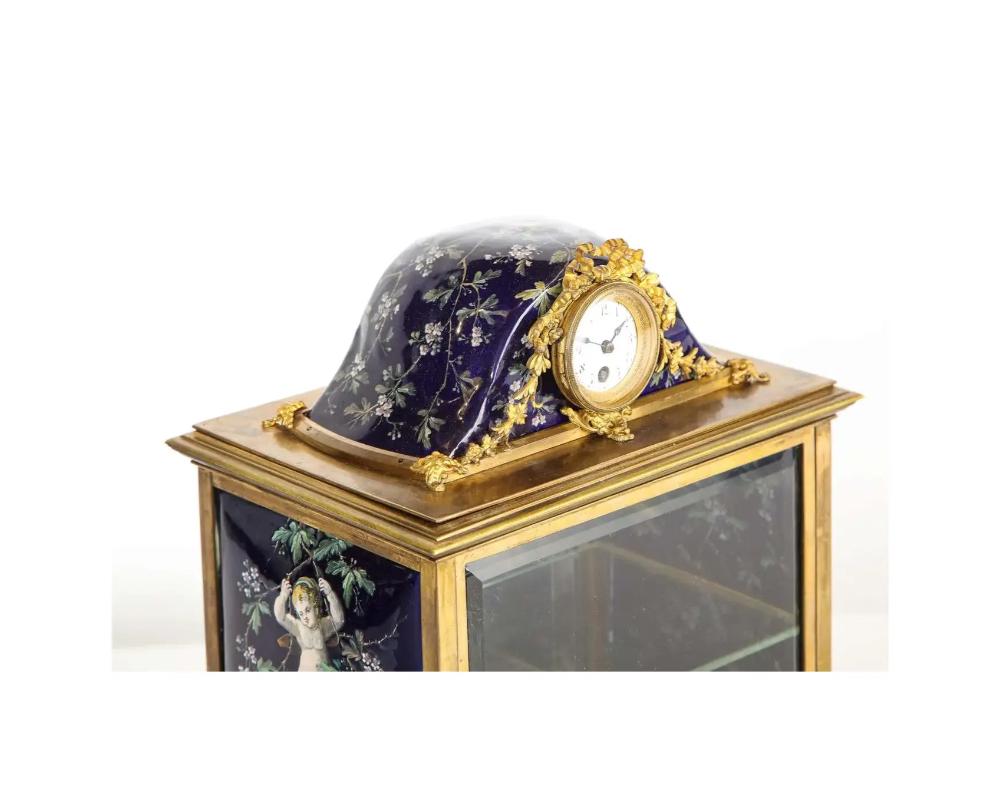 French Bronze and Limoges Enamel Jewelry Vitrine Cabinet with Clock For Sale 1