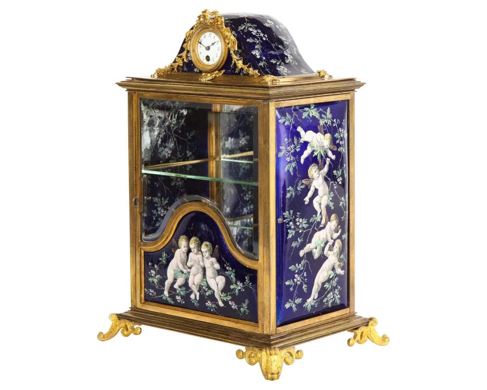French Bronze and Limoges Enamel Jewelry Vitrine Cabinet with Clock For Sale 4