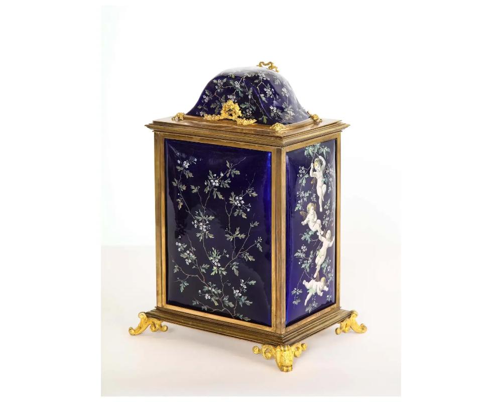 French Bronze and Limoges Enamel Jewelry Vitrine Cabinet with Clock For Sale 5