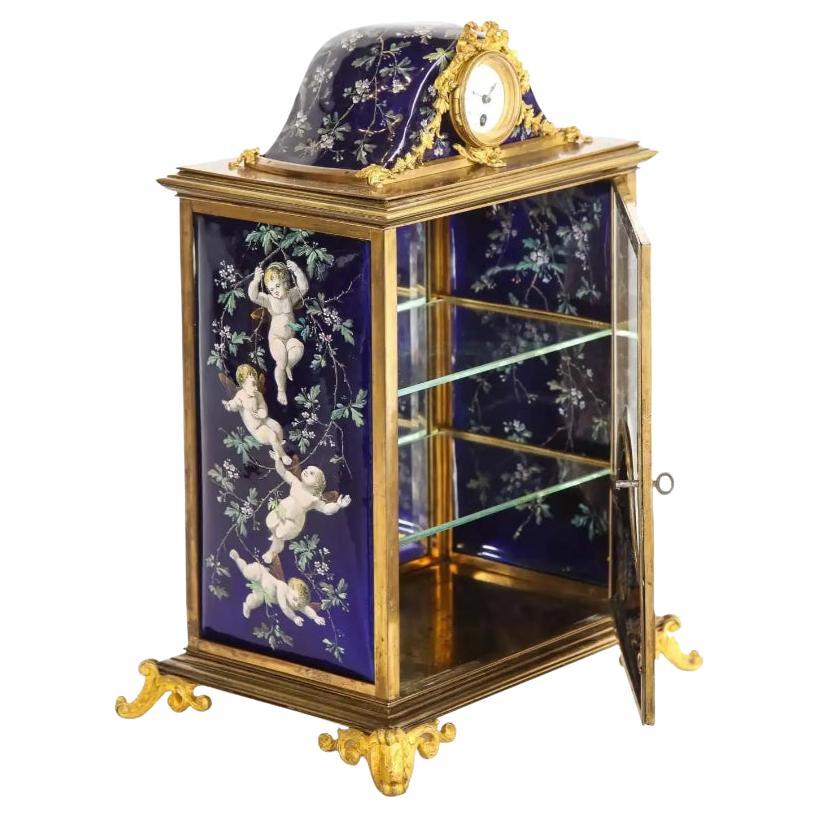French Bronze and Limoges Enamel Jewelry Vitrine Cabinet with Clock For Sale