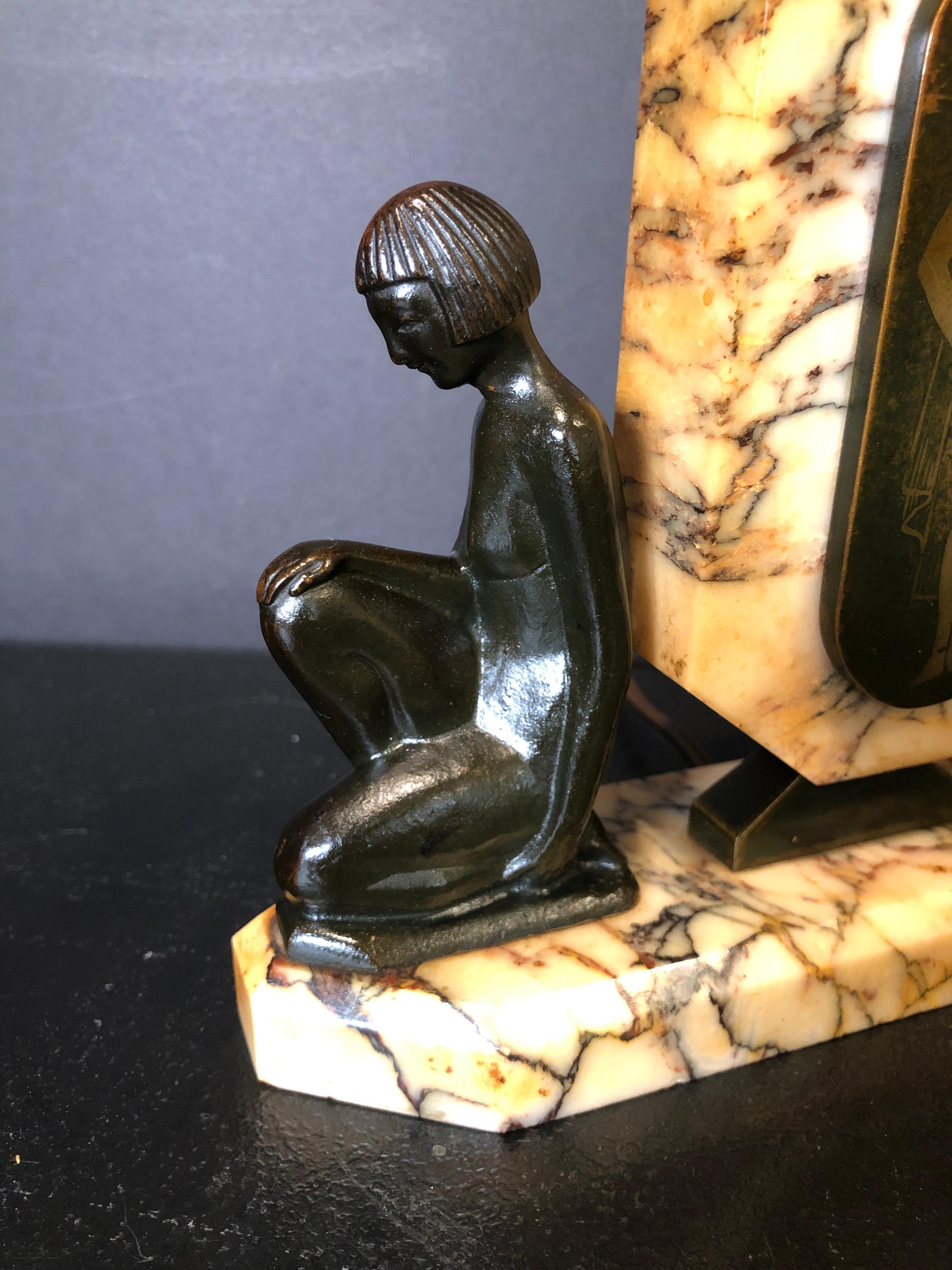 Patinated French Bronze and Marble Art Deco Figural Lamp