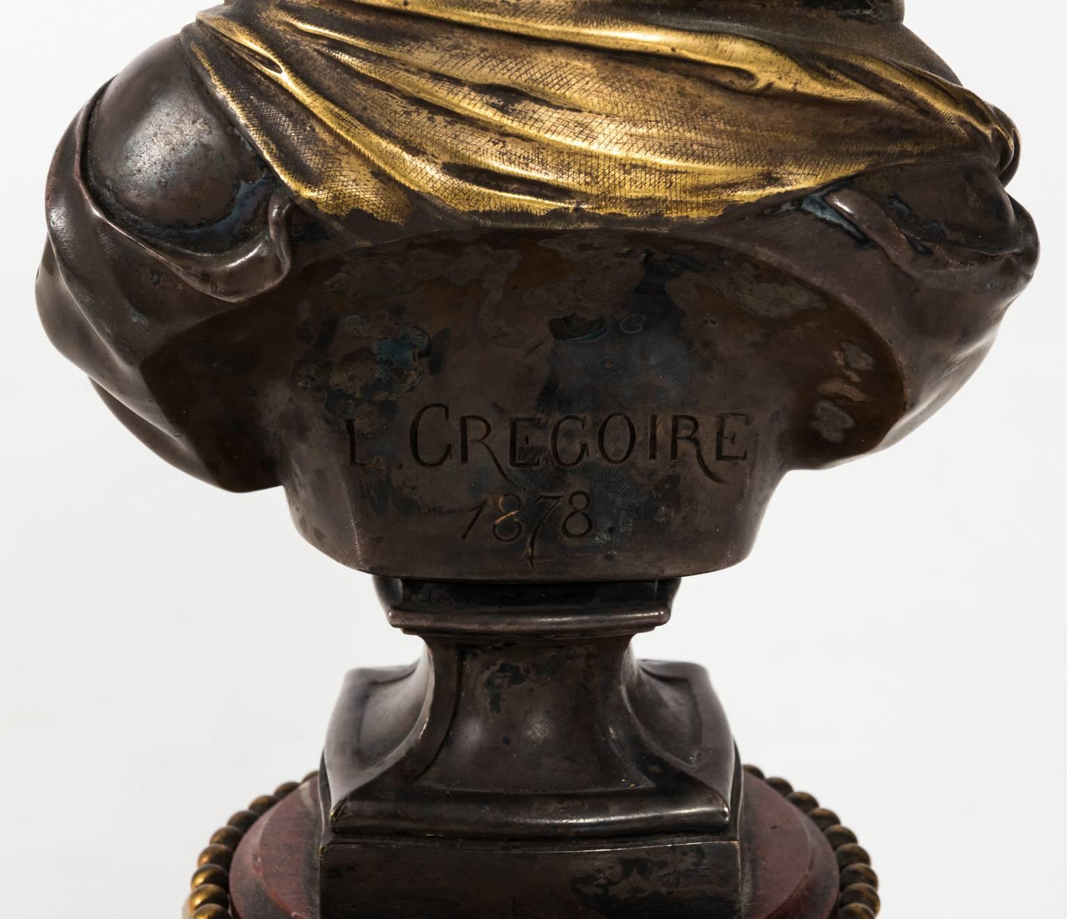 20th Century French Bronze and Marble Bust by L. Gregoire, circa 1878 For Sale
