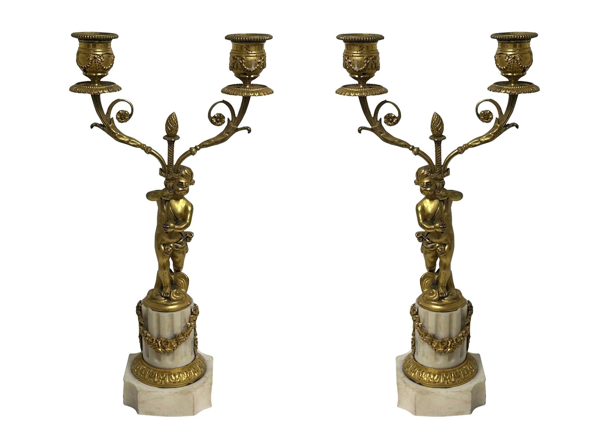 French Bronze And Marble Candleholders For Sale 6