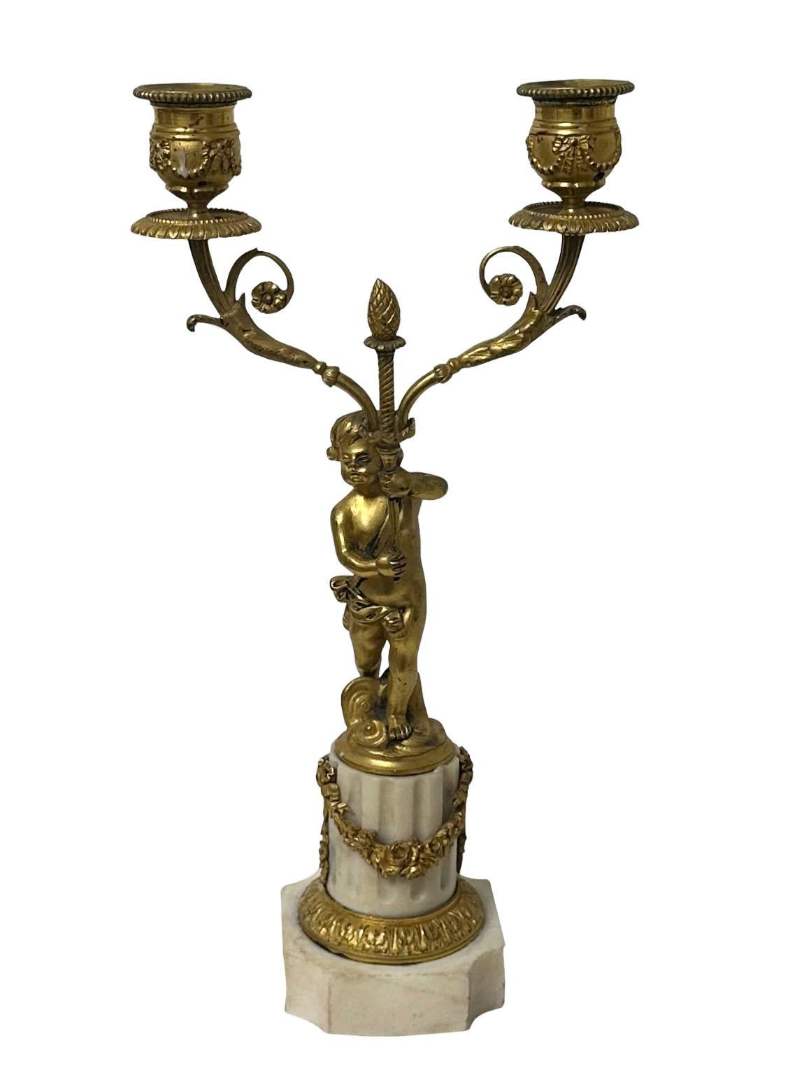 French Bronze And Marble Candleholders In Good Condition For Sale In Tampa, FL