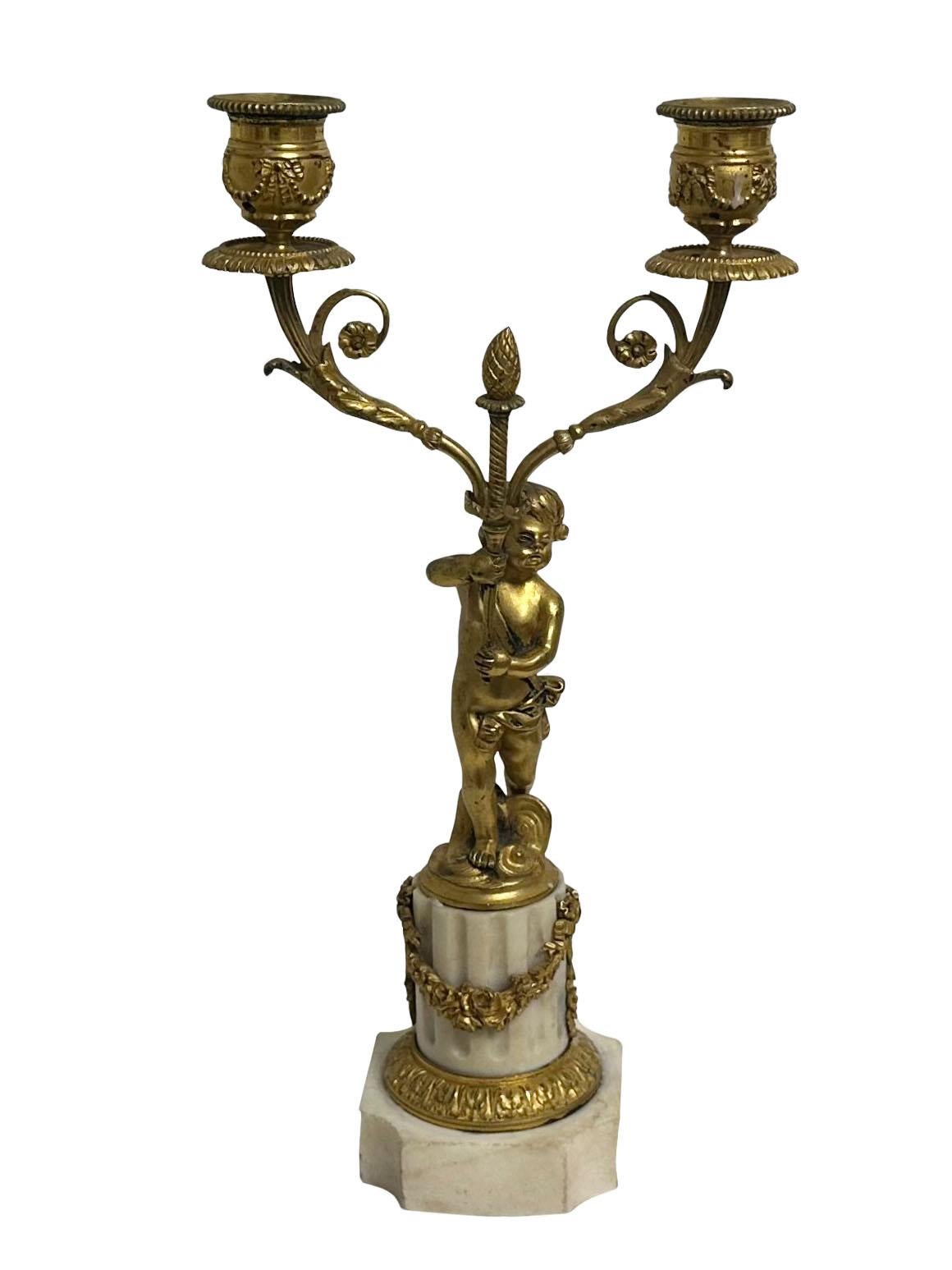 Early 19th Century French Bronze And Marble Candleholders For Sale