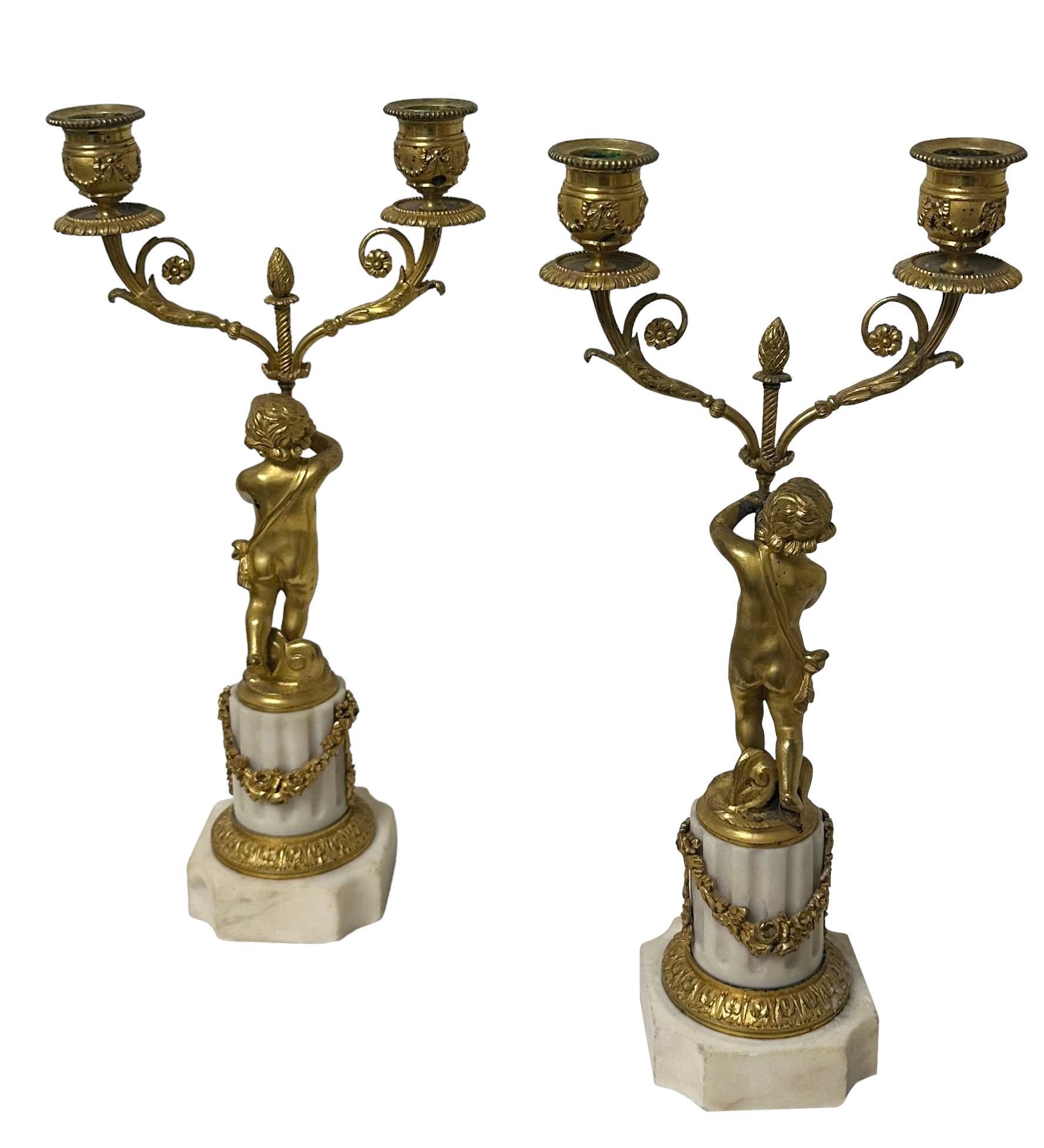 French Bronze And Marble Candleholders For Sale 1