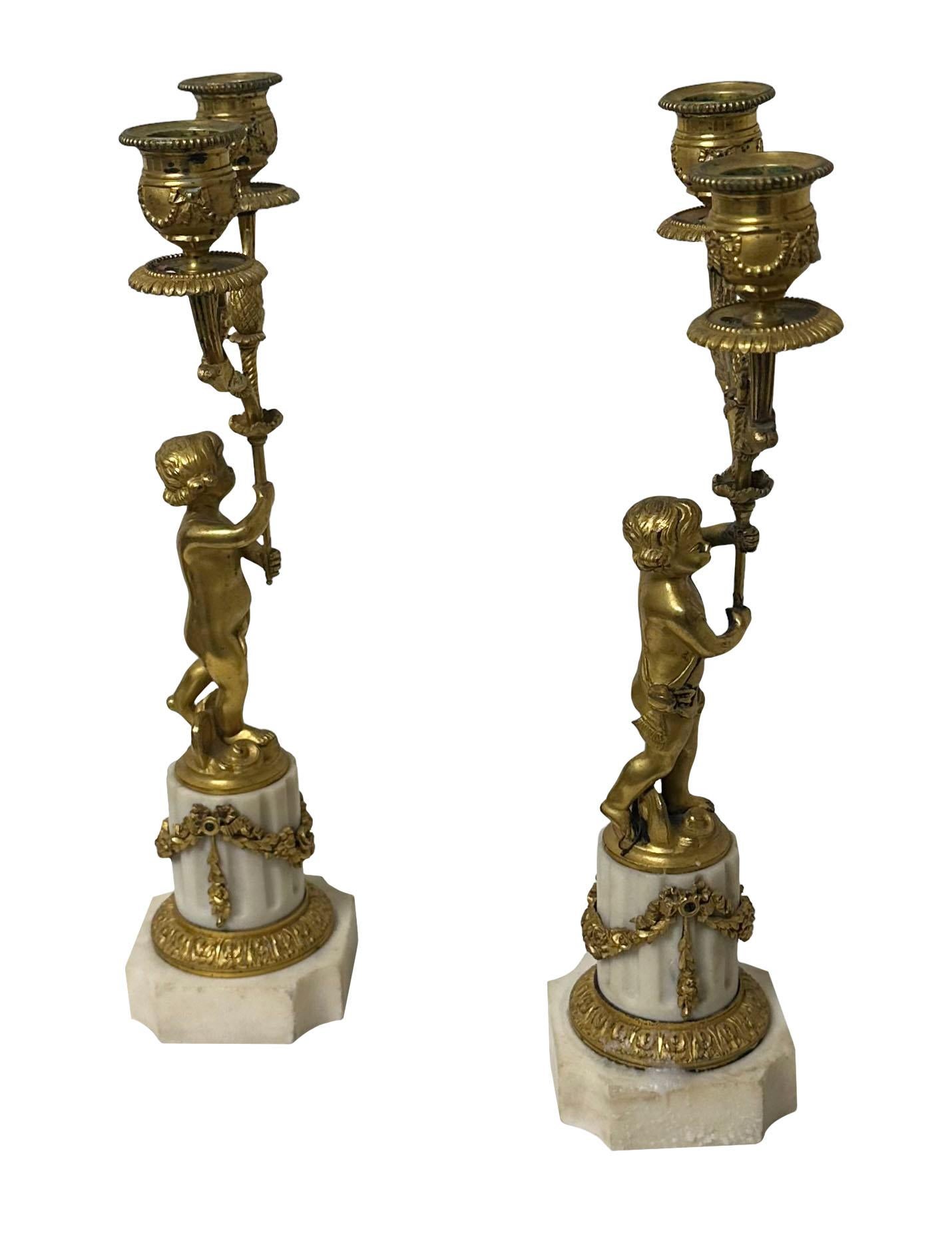 French Bronze And Marble Candleholders For Sale 5