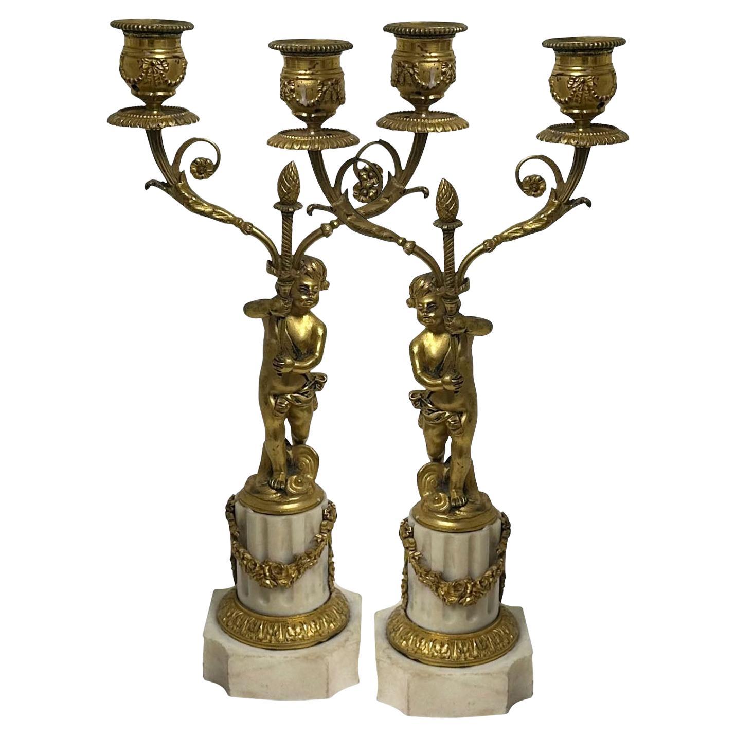 French Bronze And Marble Candleholders