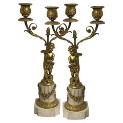 Antique French Bronze And Marble Candleholders
