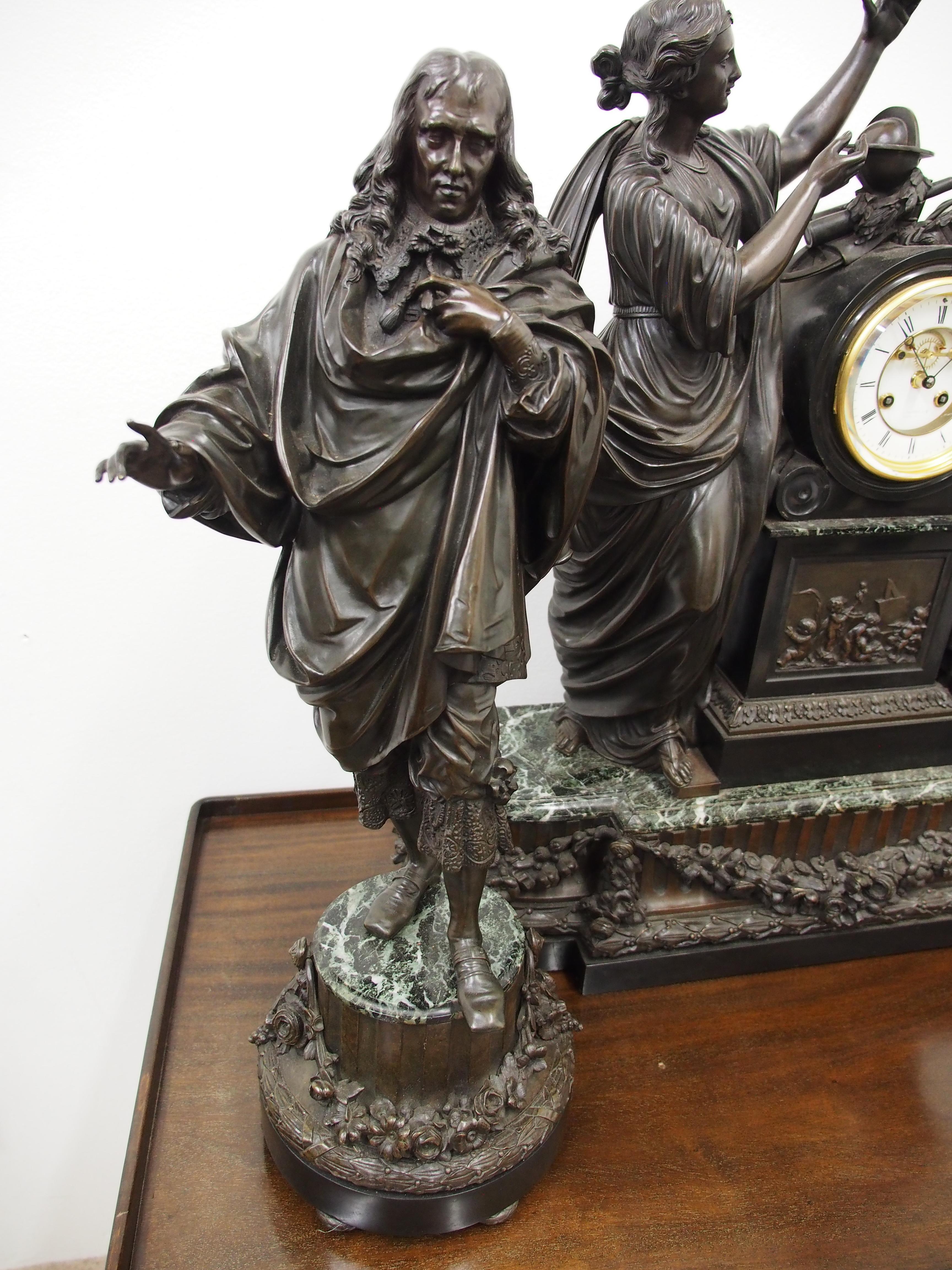 French Bronze and Marble Clock Garniture of Literature For Sale 8