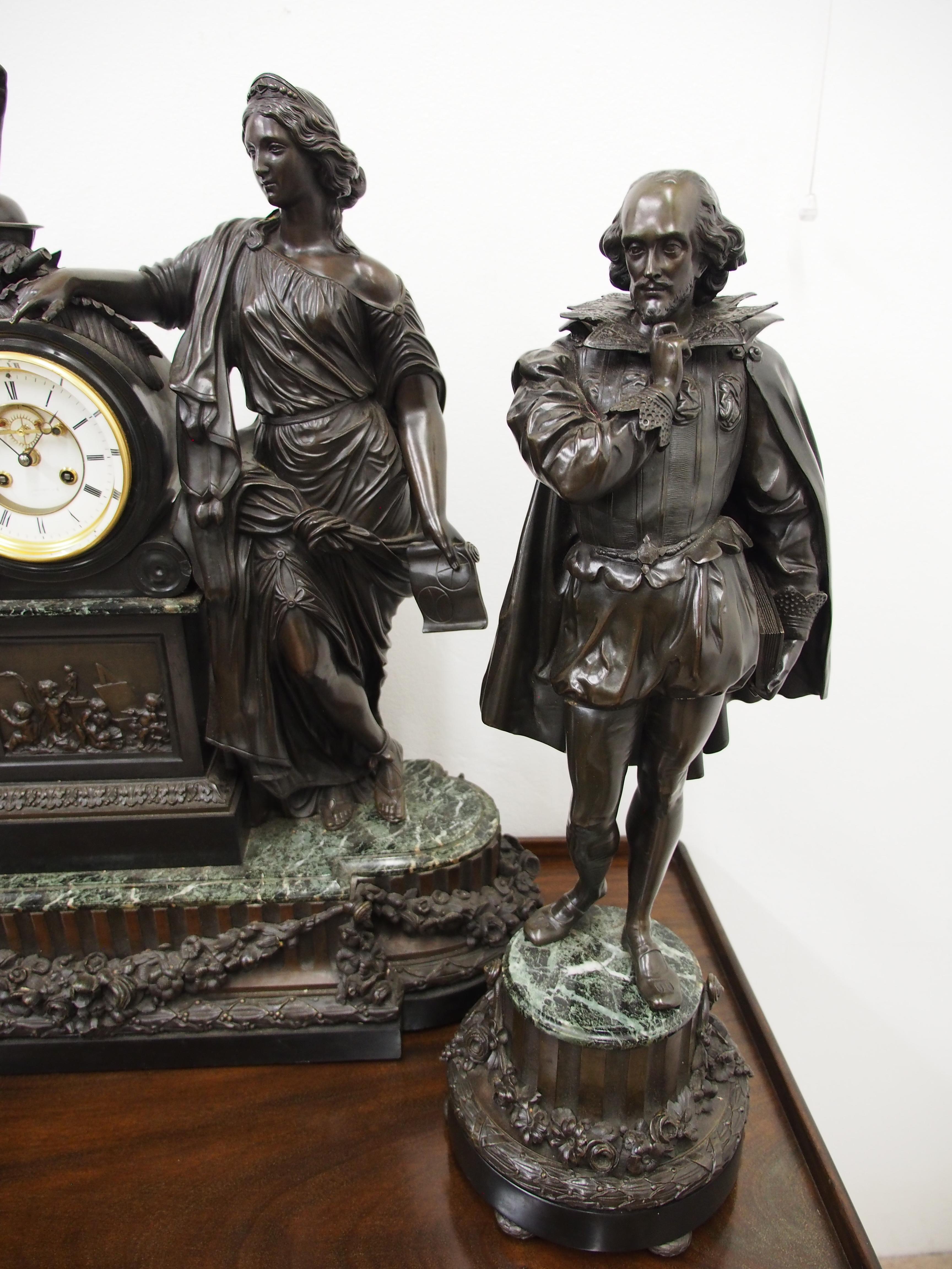 French Bronze and Marble Clock Garniture of Literature For Sale 9