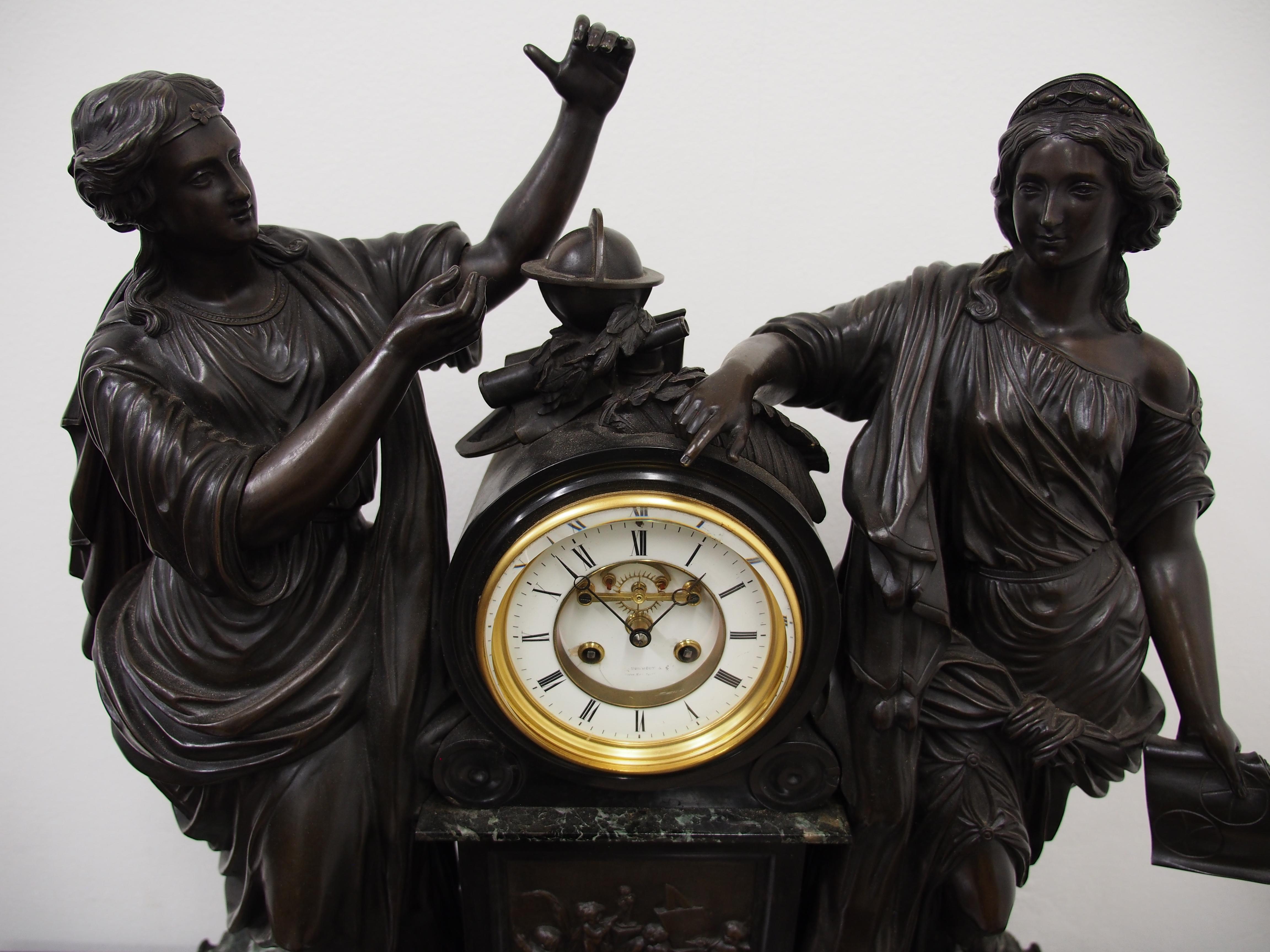 French Bronze and Marble Clock Garniture of Literature For Sale 3