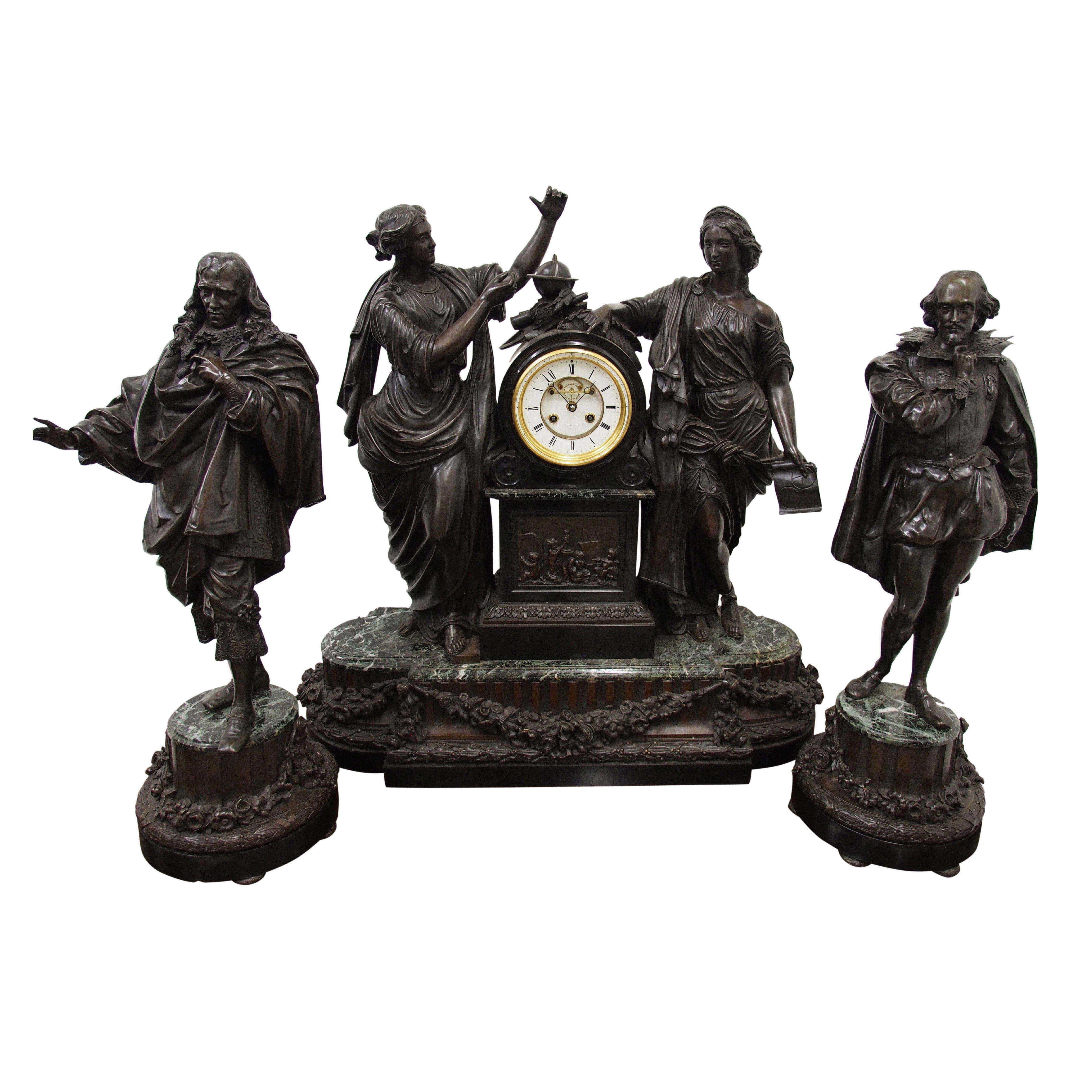 French Bronze and Marble Clock Garniture of Literature For Sale