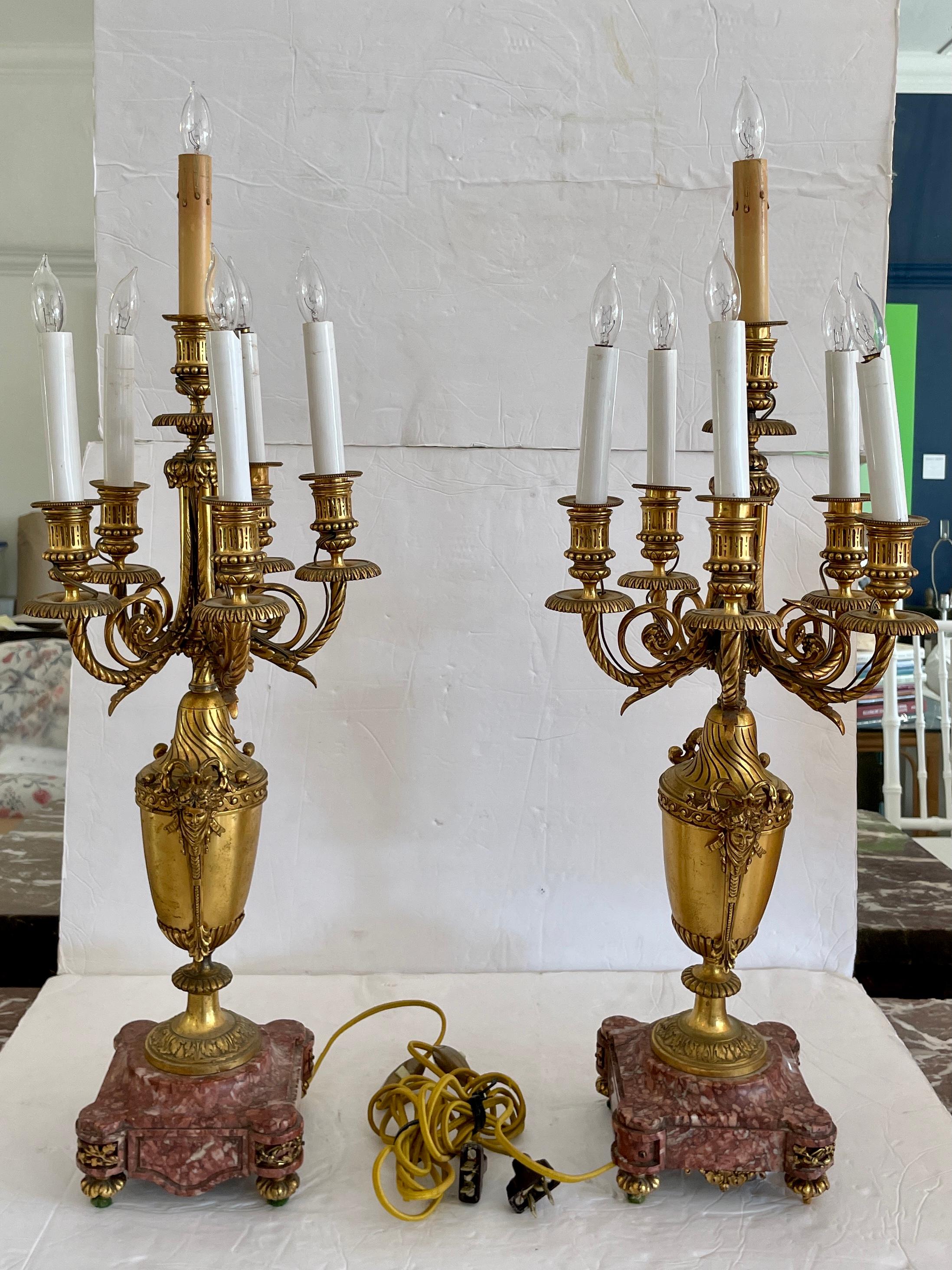 French Provincial French Bronze and Marble Urn Candelabra Table Lamps, a Pair