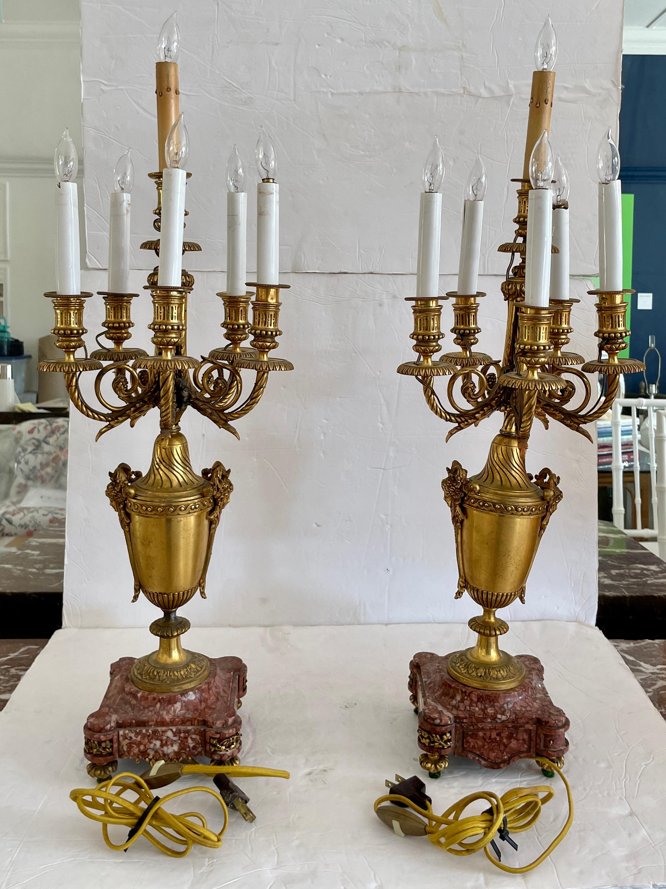 French Bronze and Marble Urn Candelabra Table Lamps, a Pair In Fair Condition In Los Angeles, CA