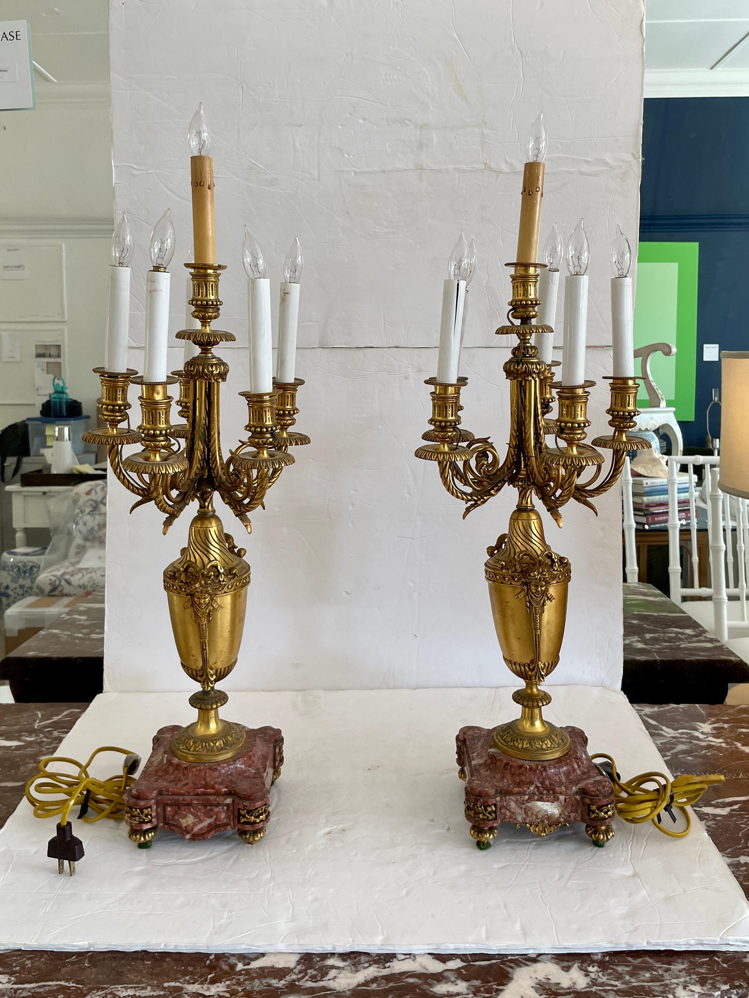 20th Century French Bronze and Marble Urn Candelabra Table Lamps, a Pair