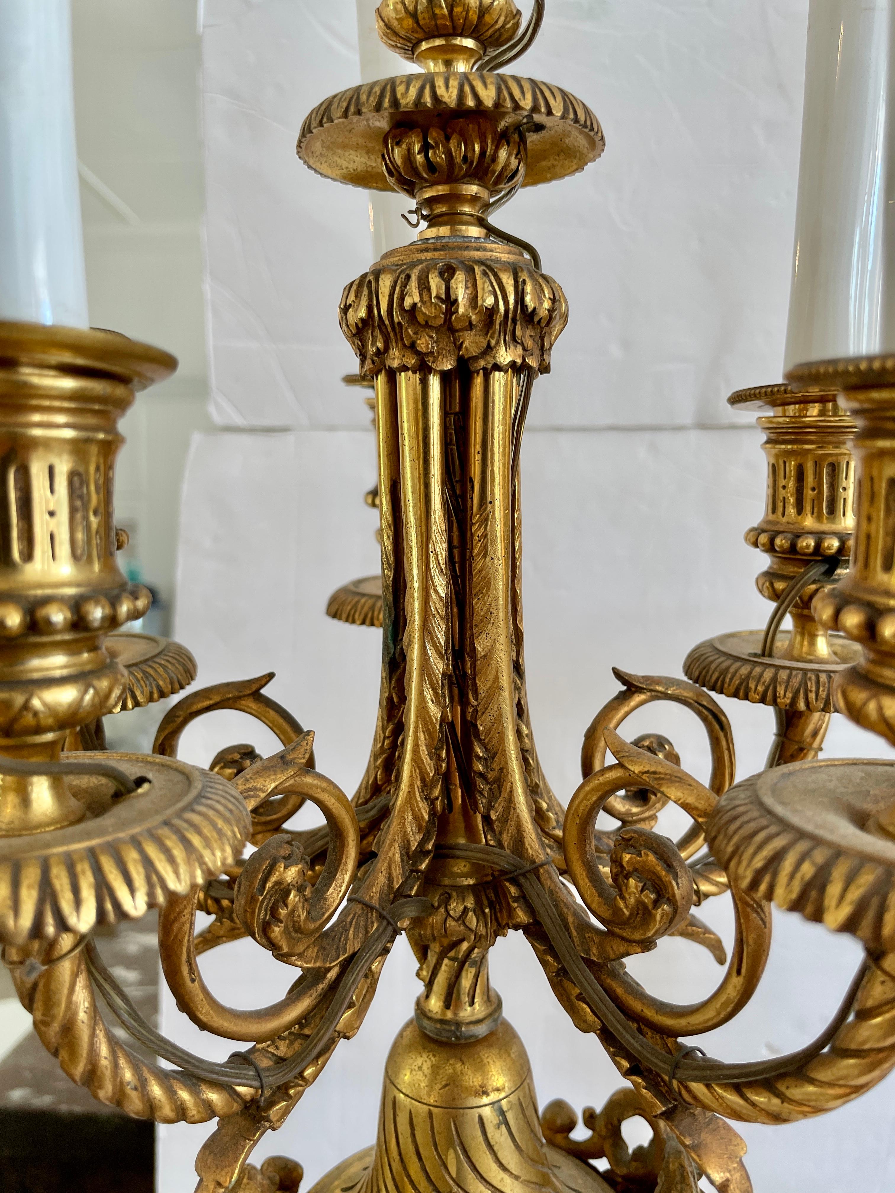 French Bronze and Marble Urn Candelabra Table Lamps, a Pair 2