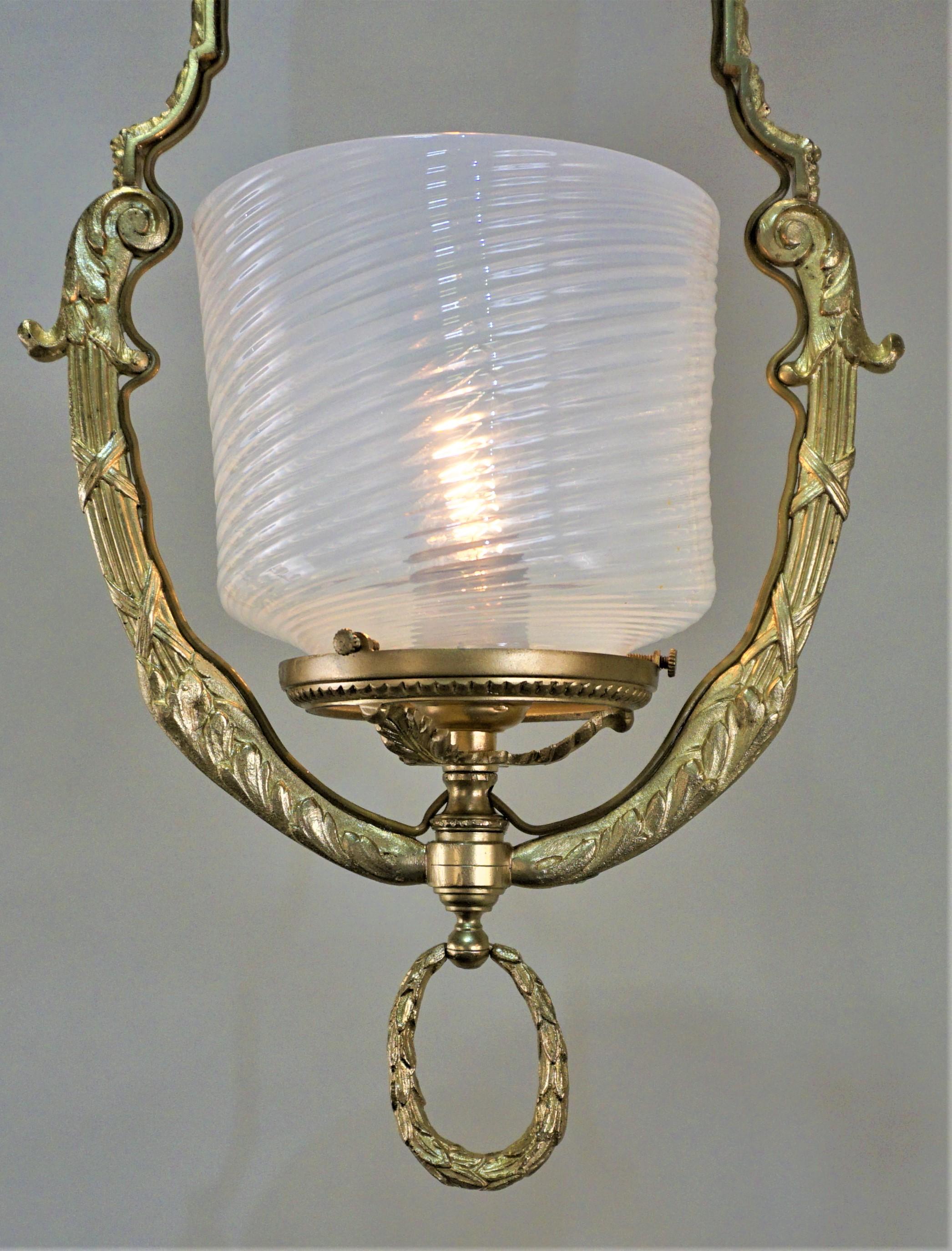 French Bronze and Opalescent Glass Lantern/ Chandelier In Good Condition In Fairfax, VA