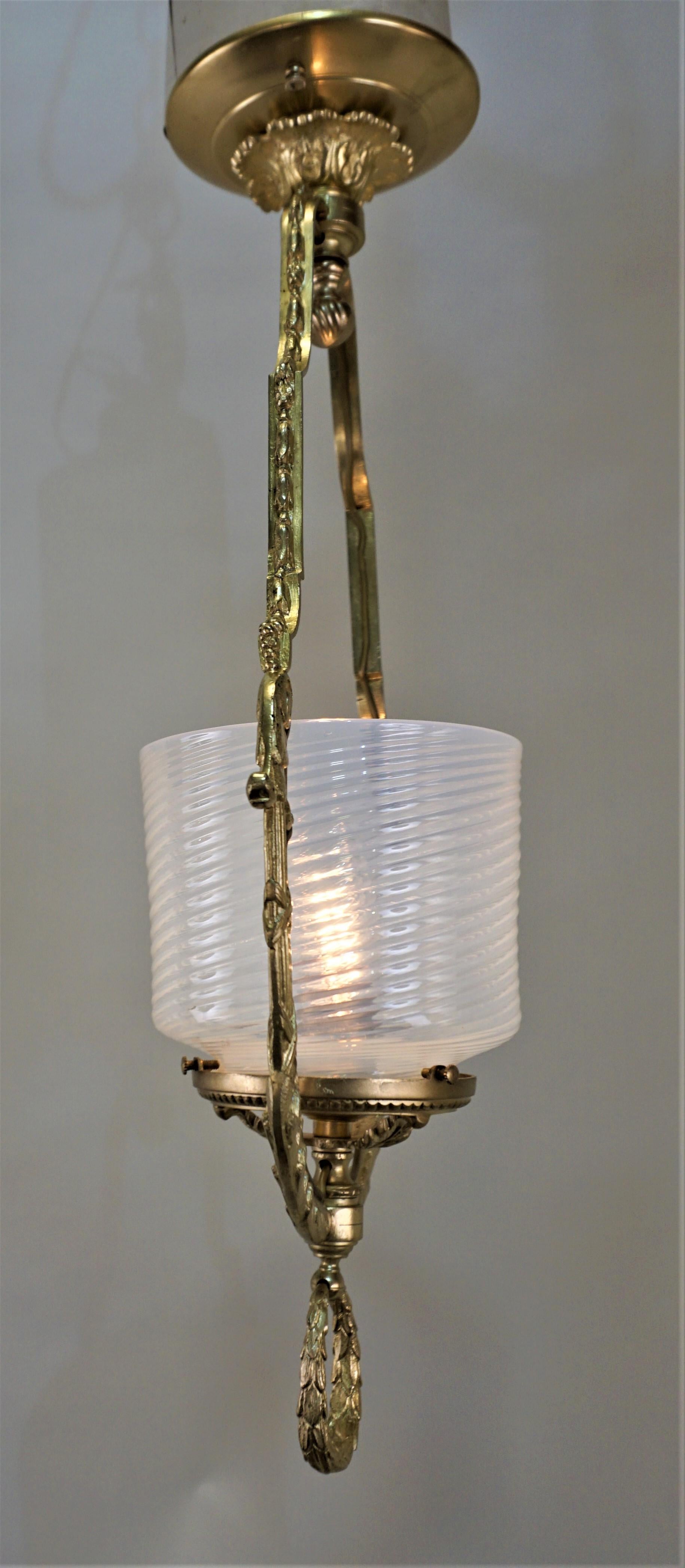 Early 20th Century French Bronze and Opalescent Glass Lantern/ Chandelier