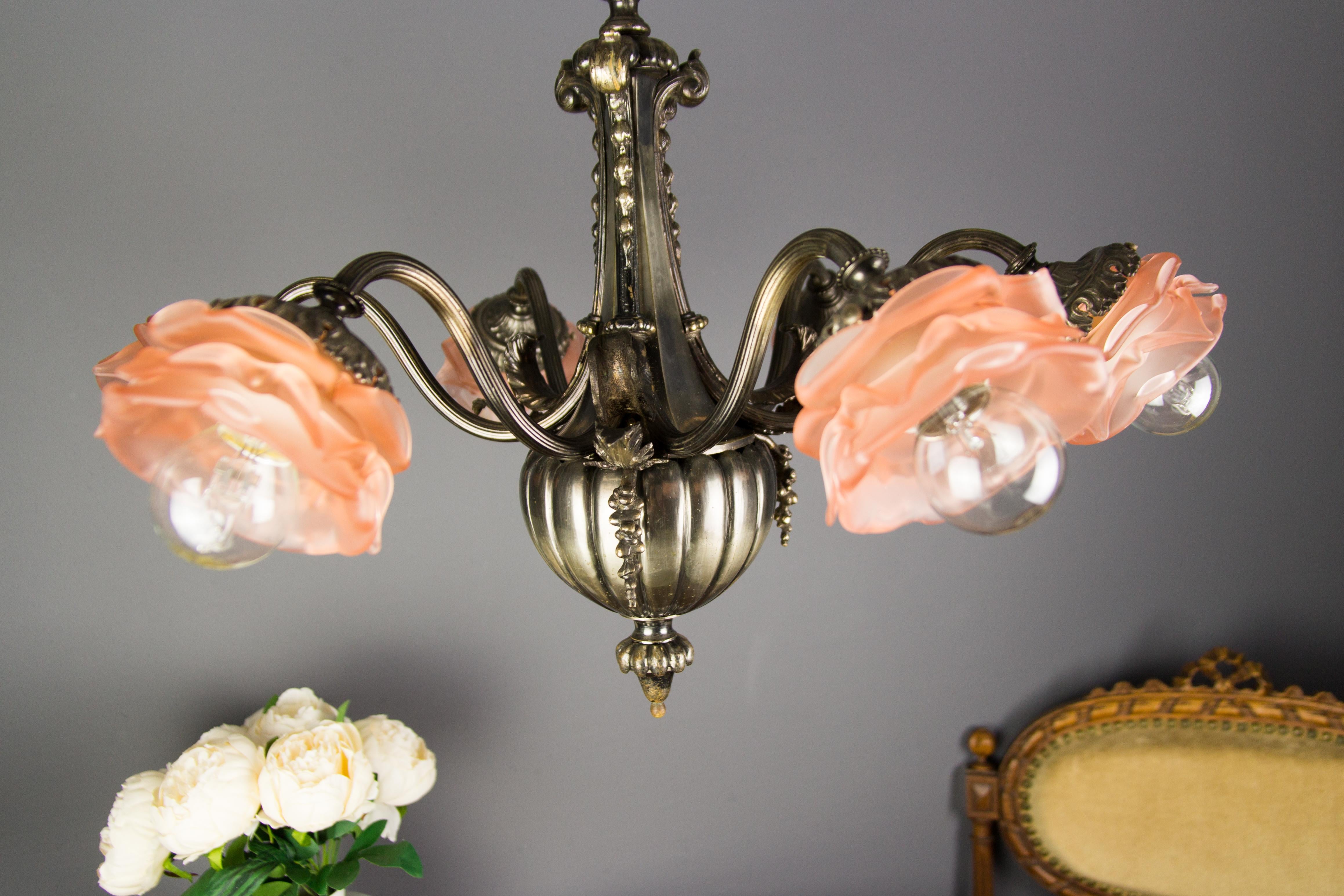 French Bronze and Pink Frosted Glass Six-Light Chandelier, 1920s 4