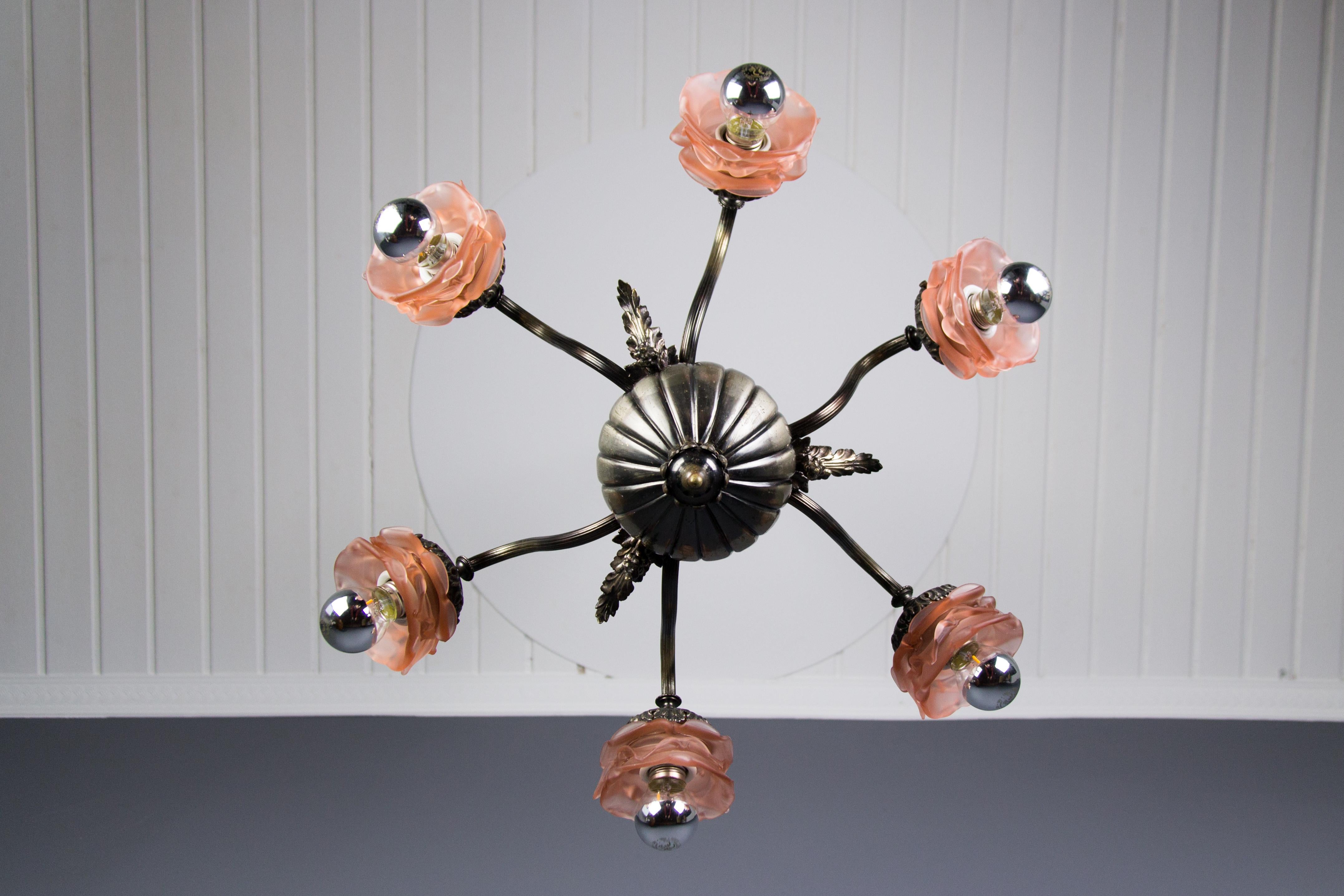 French Bronze and Pink Frosted Glass Six-Light Chandelier, 1920s 6