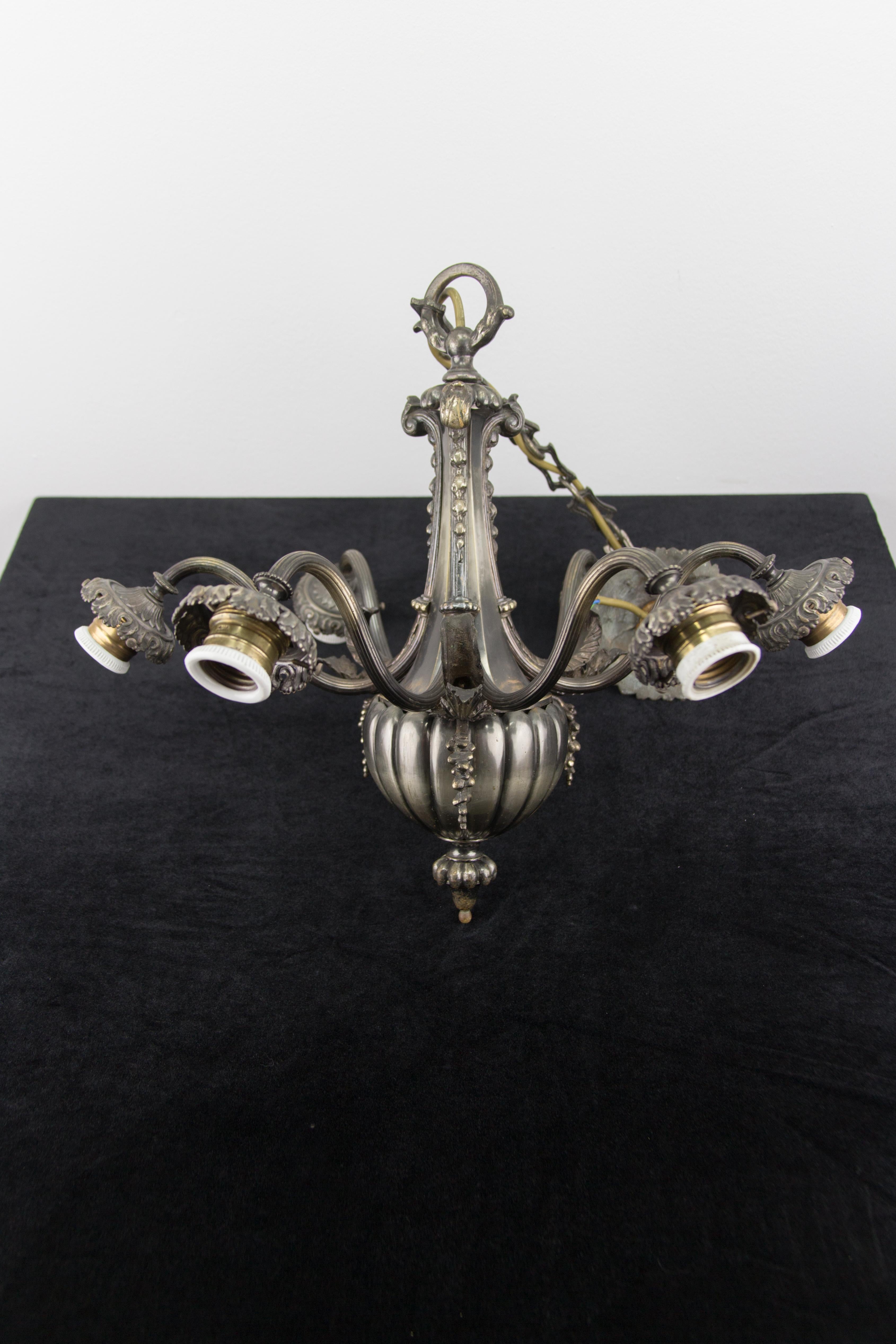 French Bronze and Pink Frosted Glass Six-Light Chandelier, 1920s 11