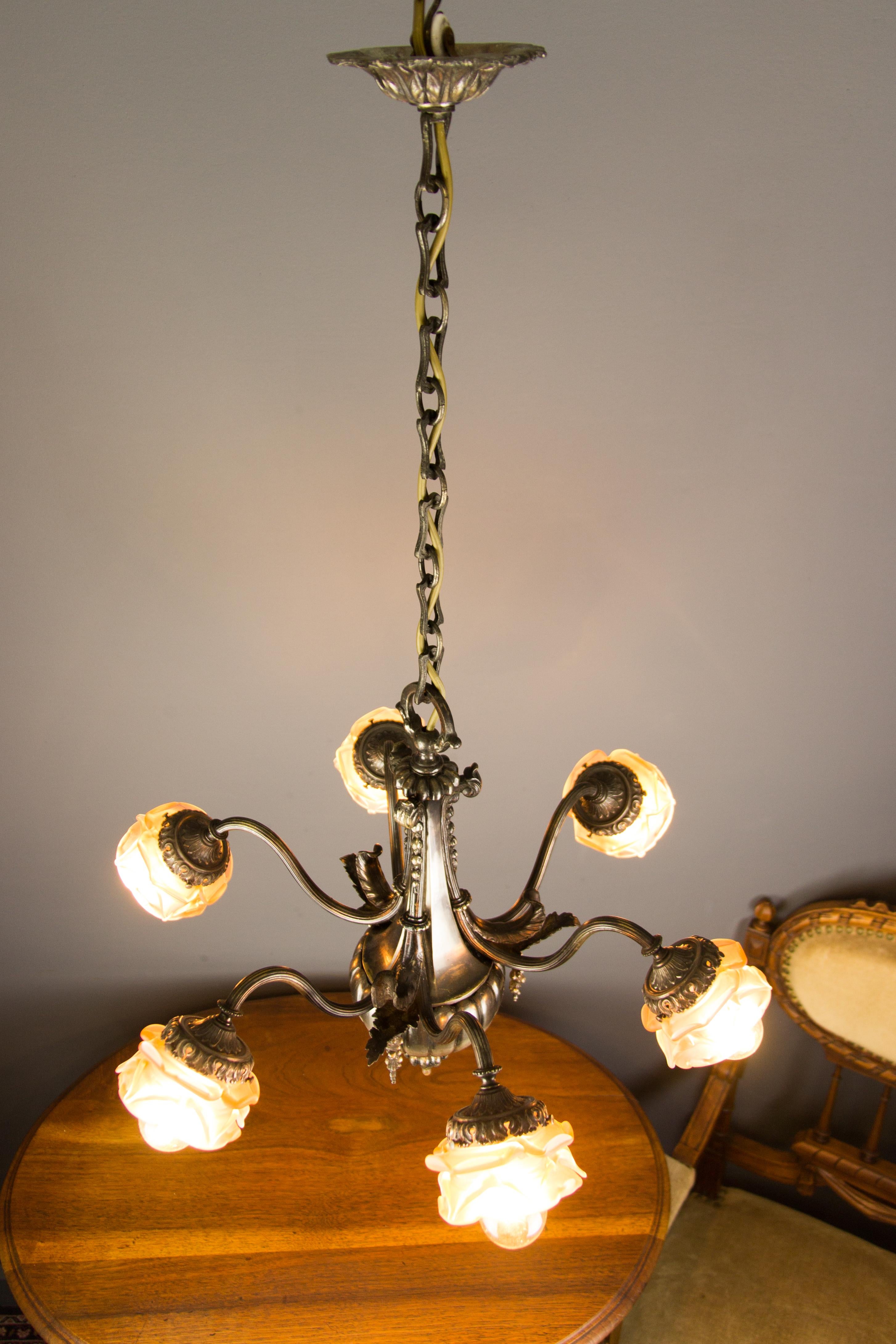 French Bronze and Pink Frosted Glass Six-Light Chandelier, 1920s 13