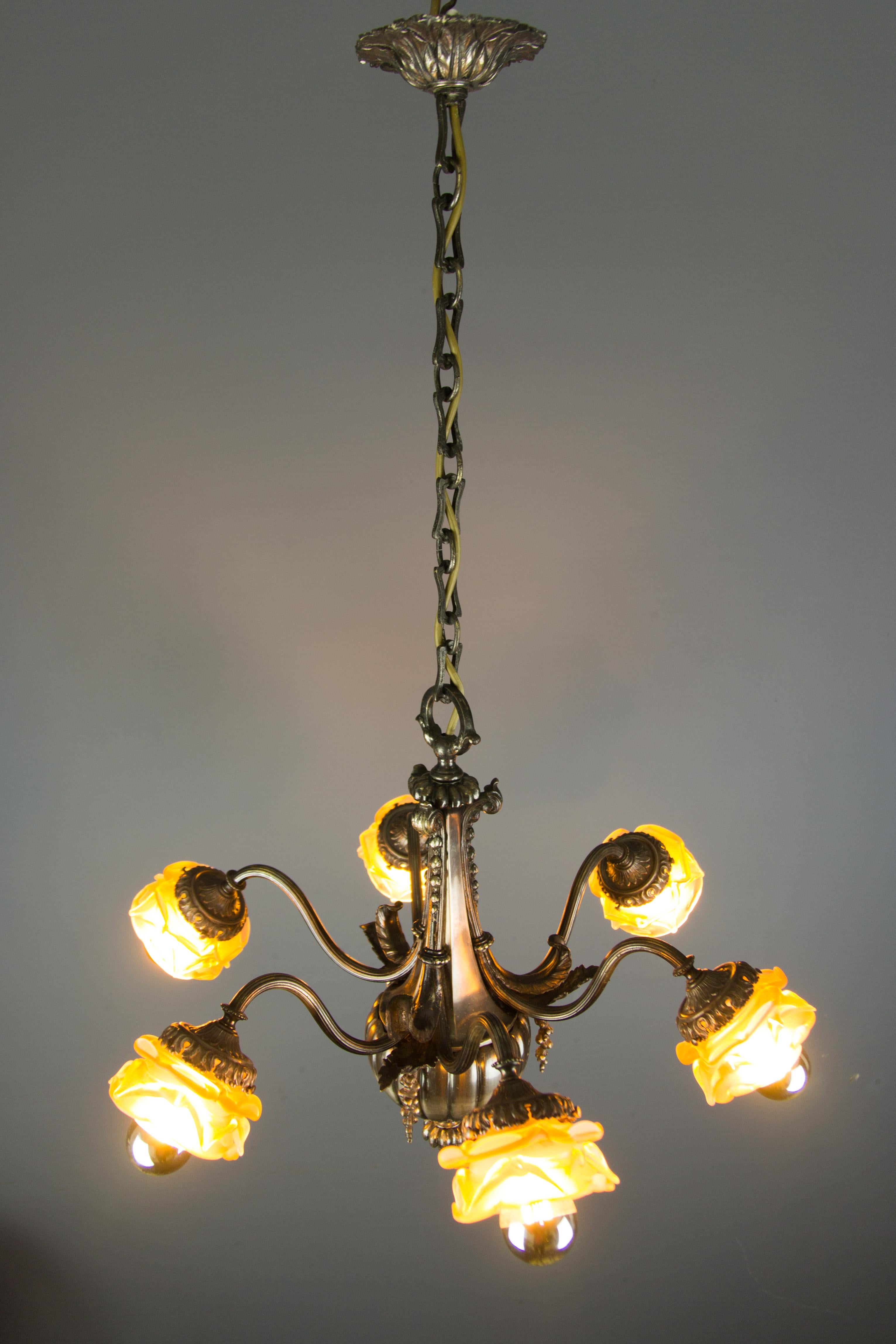 French Bronze and Pink Frosted Glass Six-Light Chandelier, 1920s 14