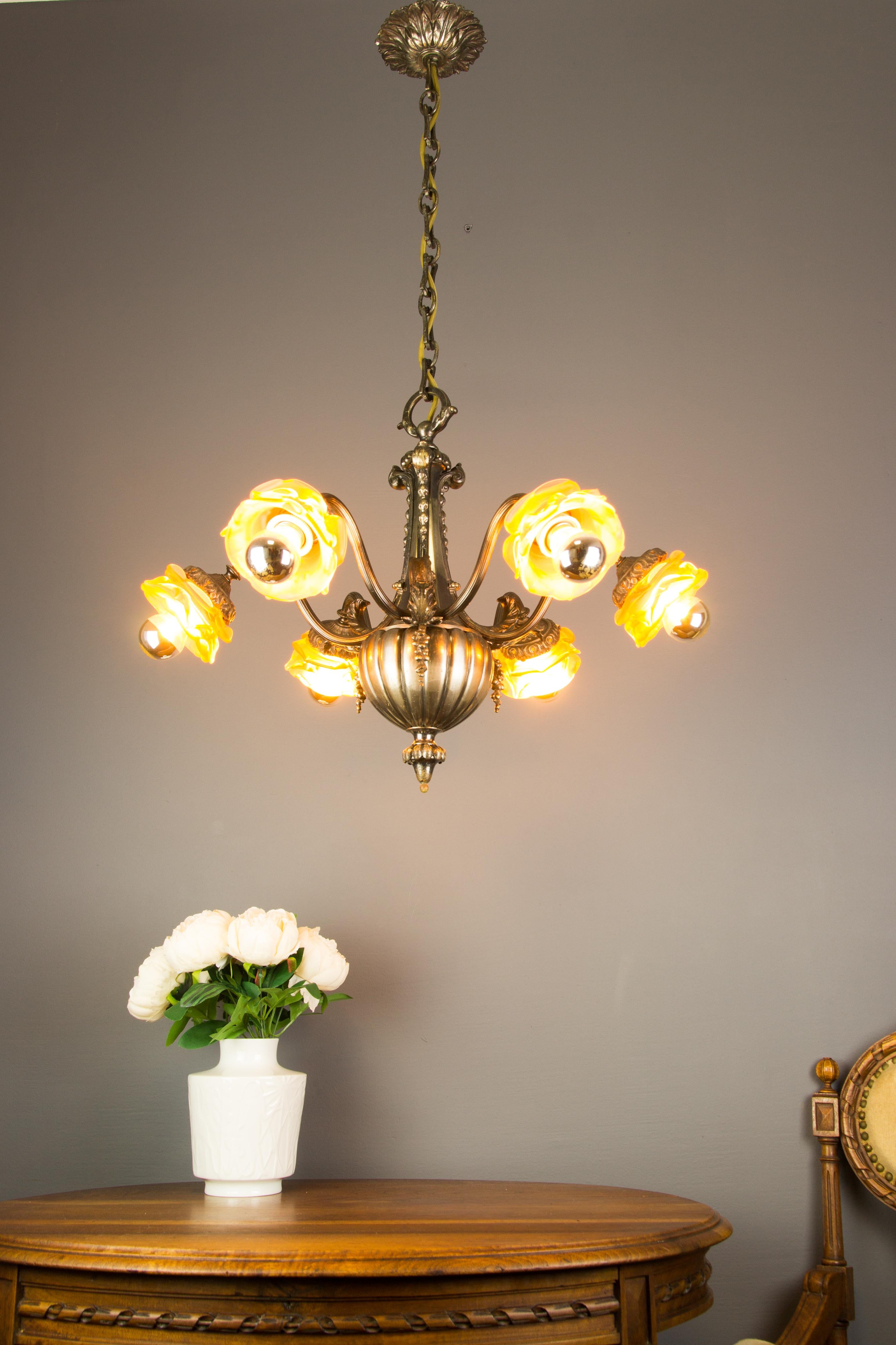 Neoclassical French Bronze and Pink Frosted Glass Six-Light Chandelier, 1920s