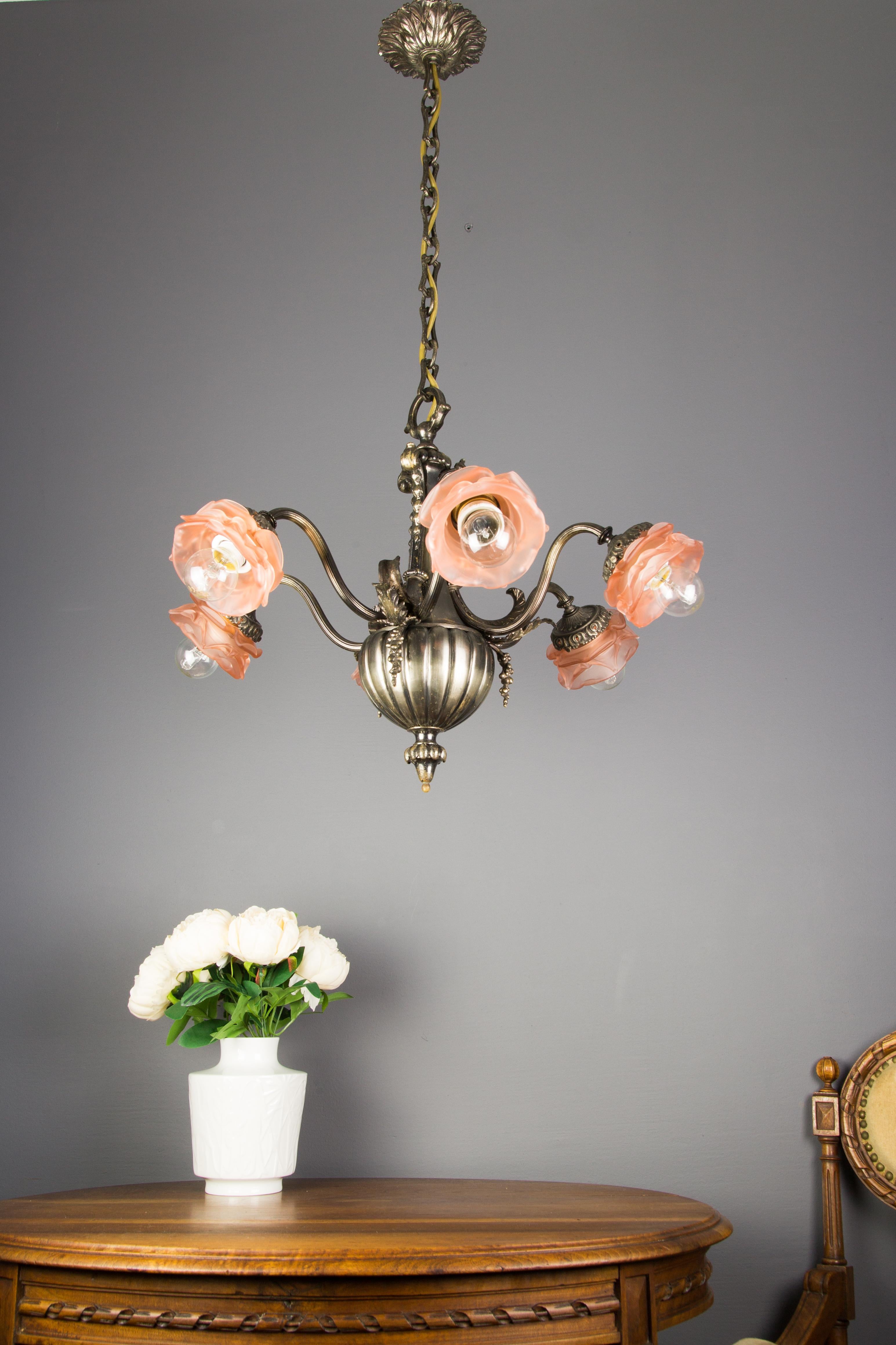 20th Century French Bronze and Pink Frosted Glass Six-Light Chandelier, 1920s