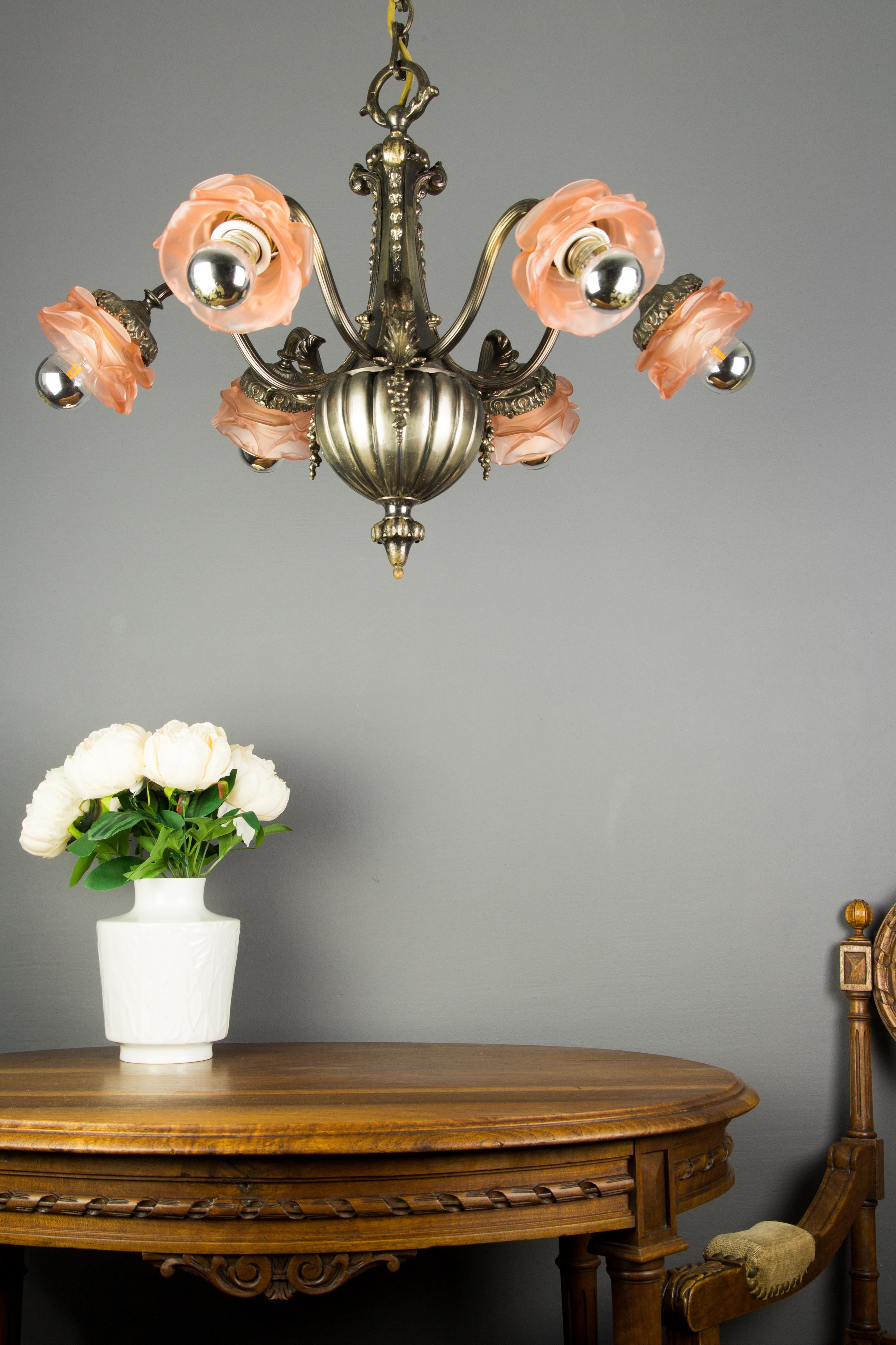 French Bronze and Pink Frosted Glass Six-Light Chandelier, 1920s 1