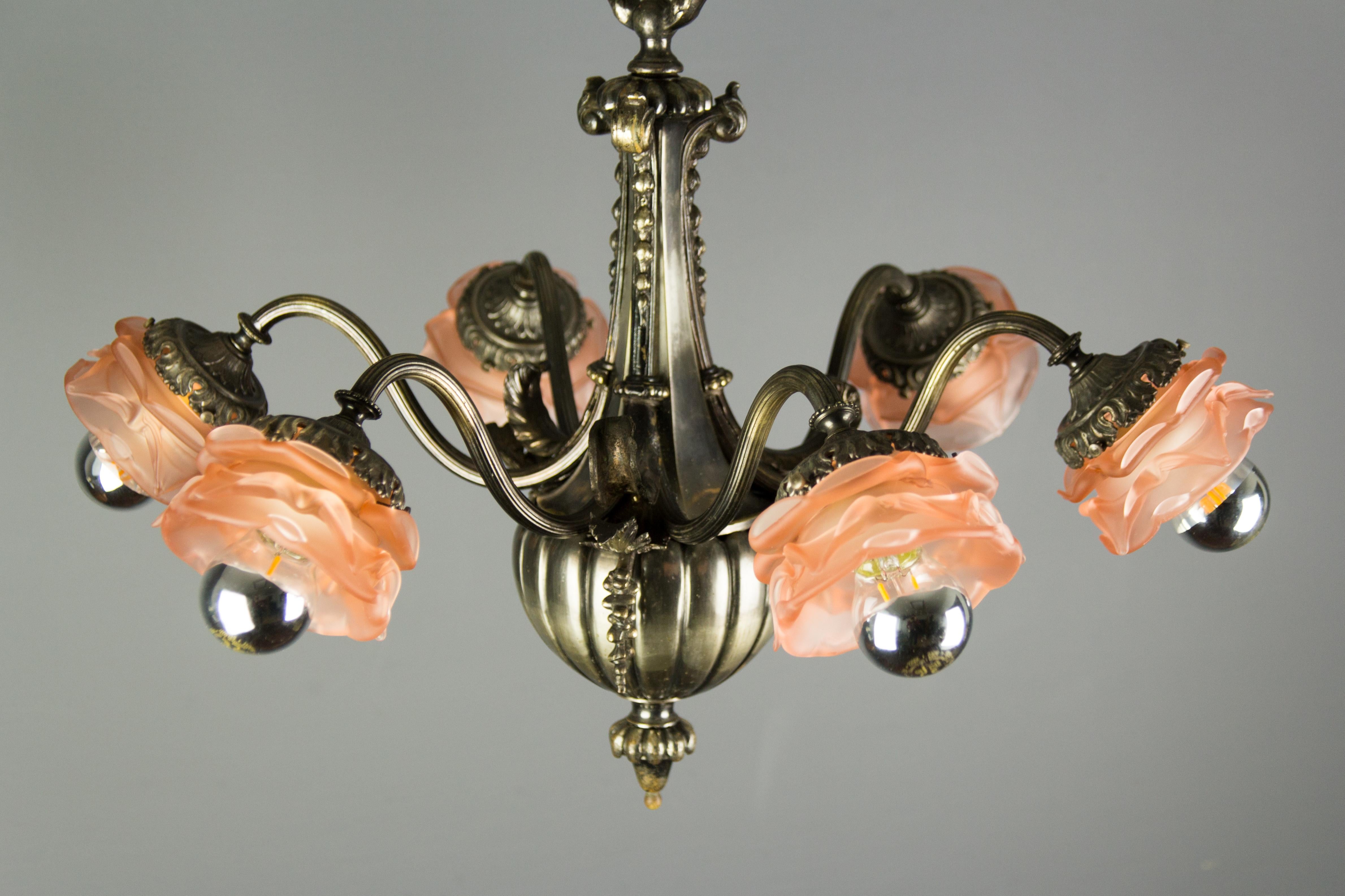 French Bronze and Pink Frosted Glass Six-Light Chandelier, 1920s 2