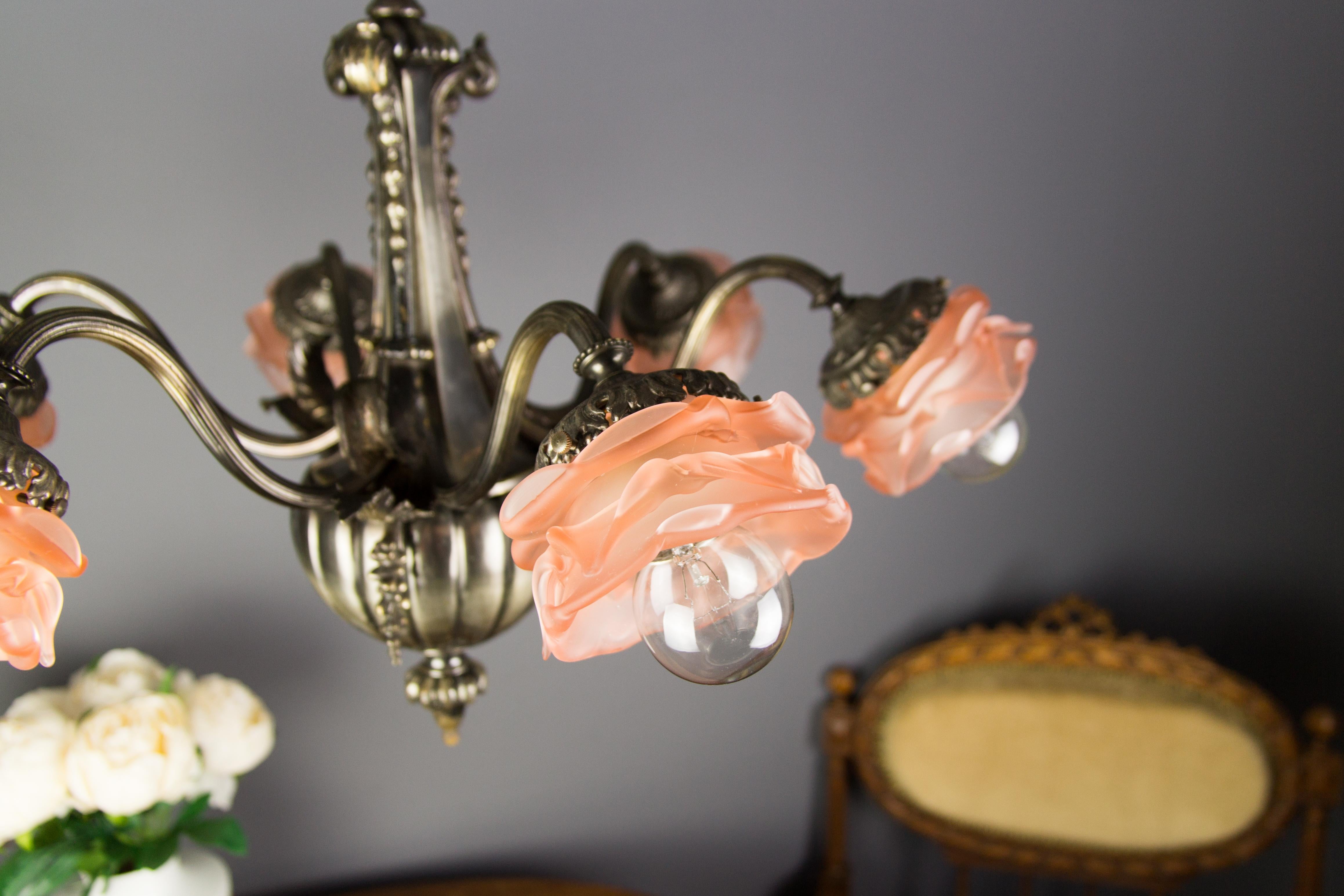 French Bronze and Pink Frosted Glass Six-Light Chandelier, 1920s 3