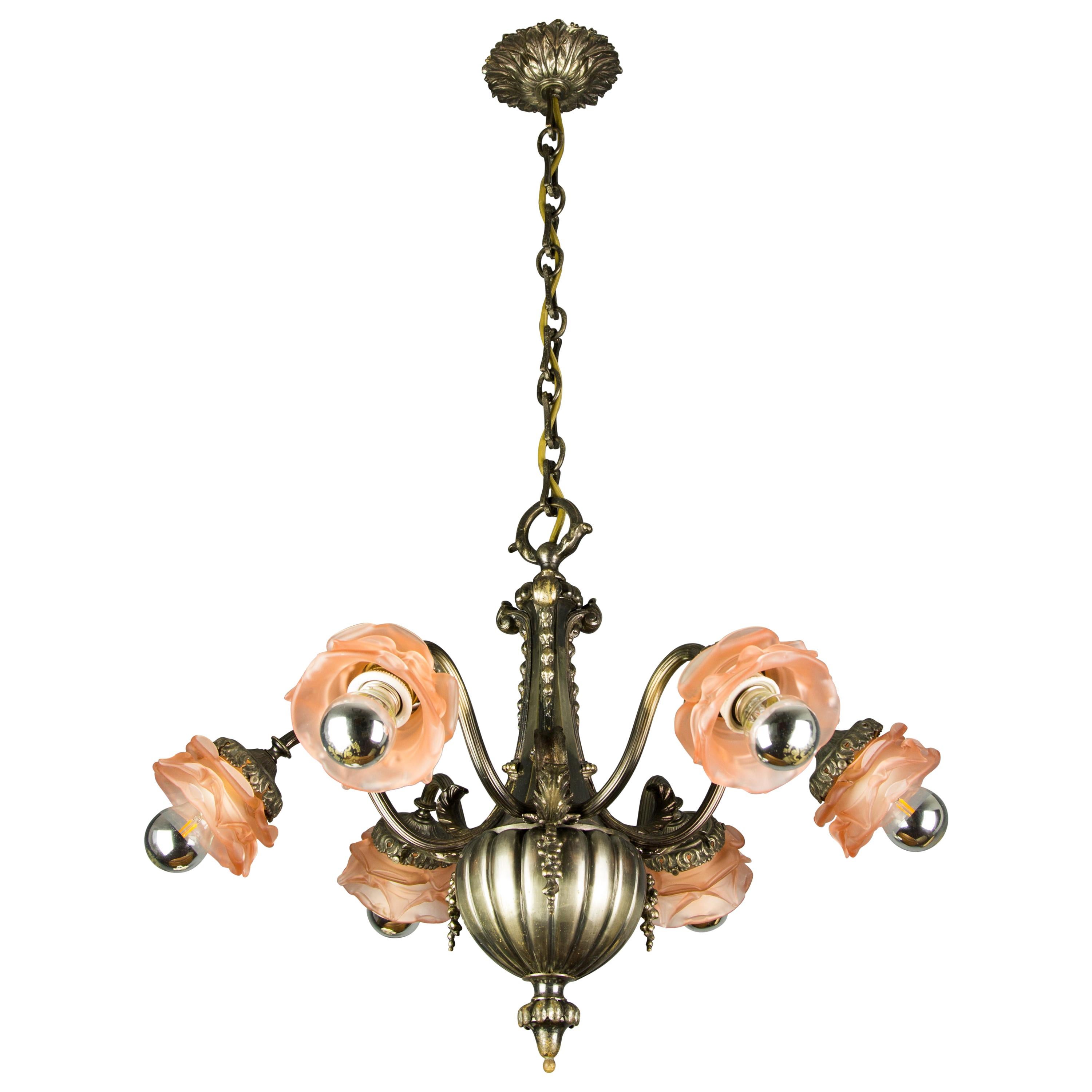 French Bronze and Pink Frosted Glass Six-Light Chandelier, 1920s
