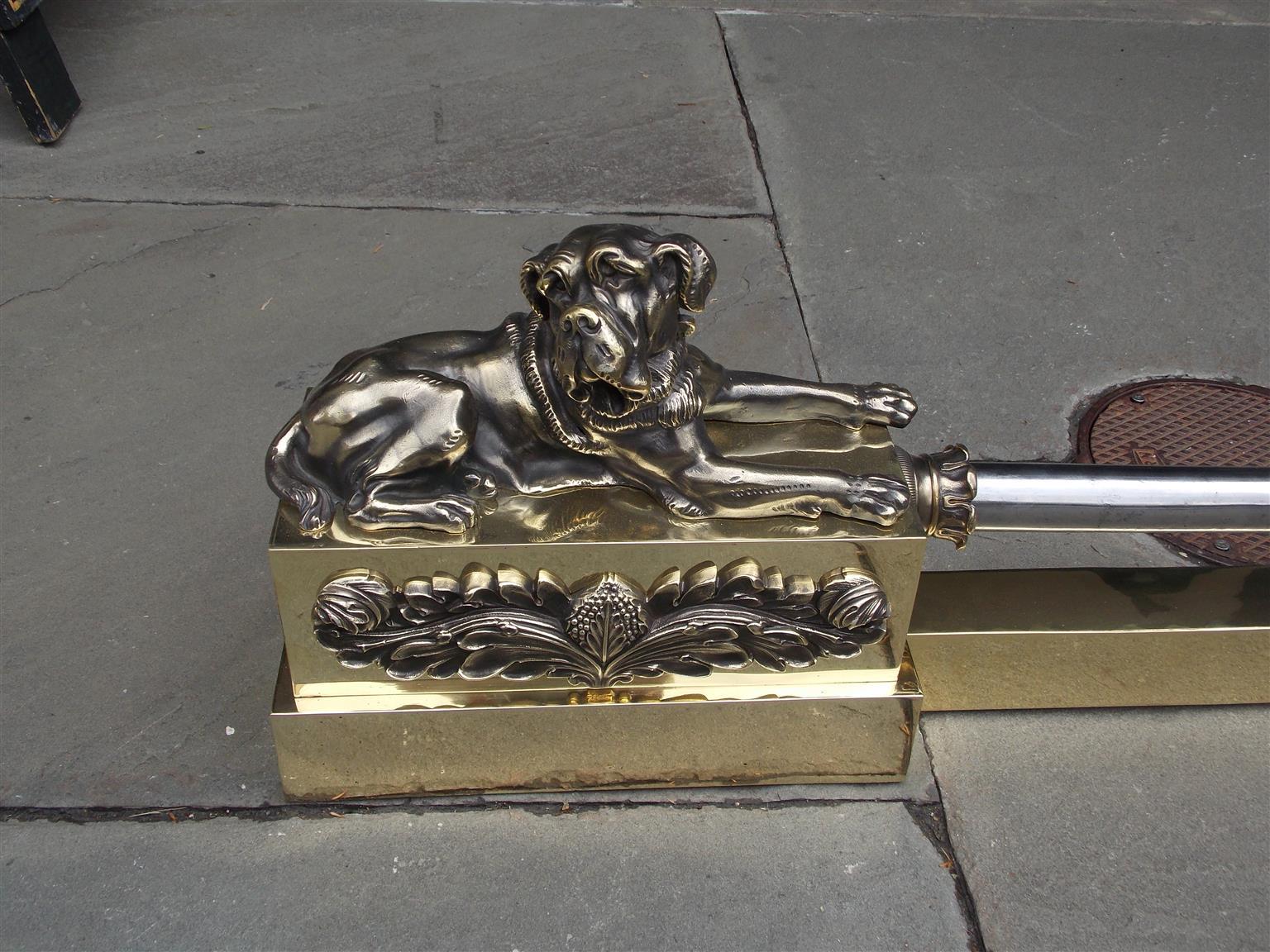 Cast French Bronze and Polished Steel Flanking Mastiffs Floral Chenet, Circa 1820 For Sale