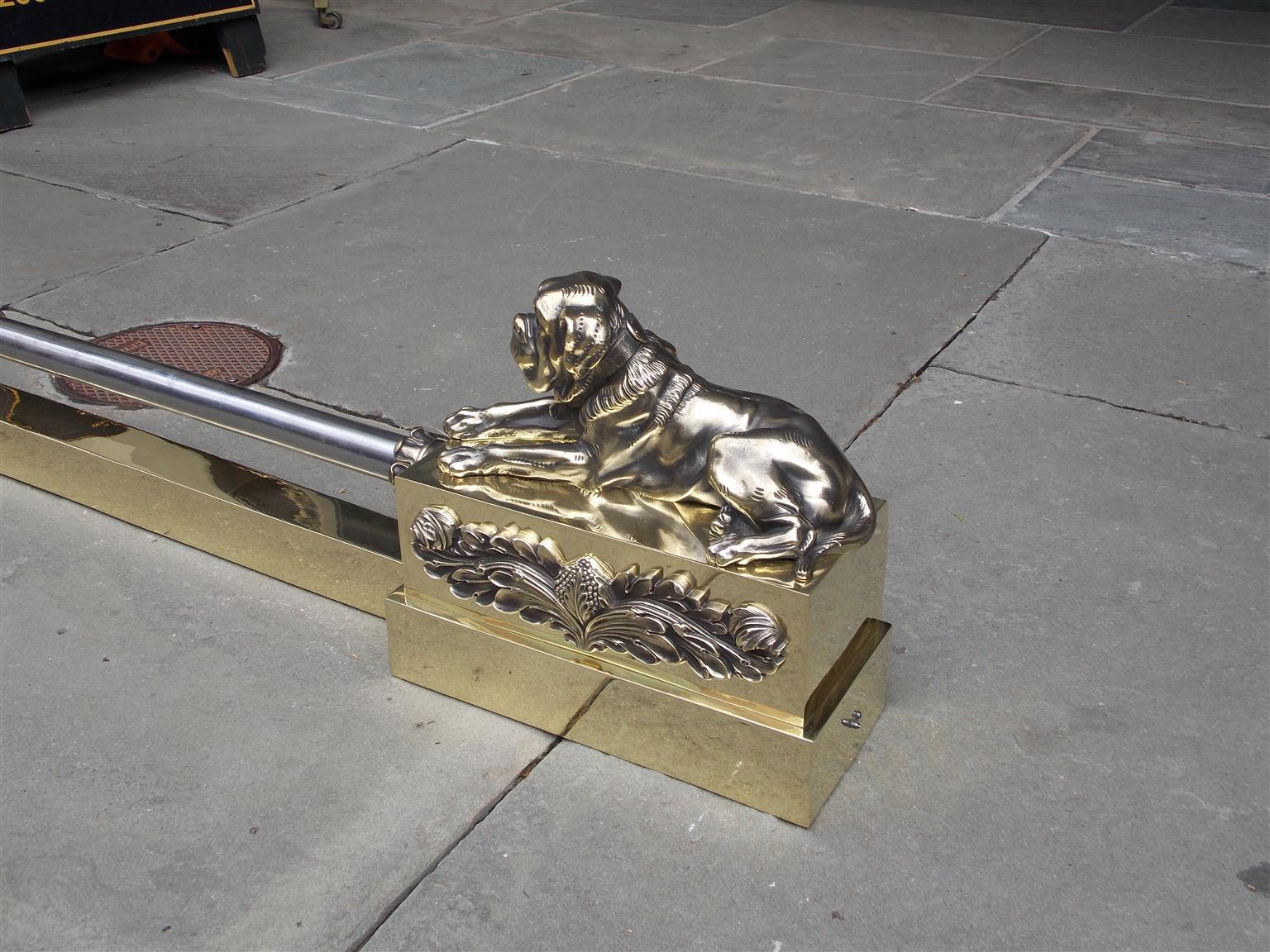 Early 19th Century French Bronze and Polished Steel Flanking Mastiffs Floral Chenet, Circa 1820 For Sale