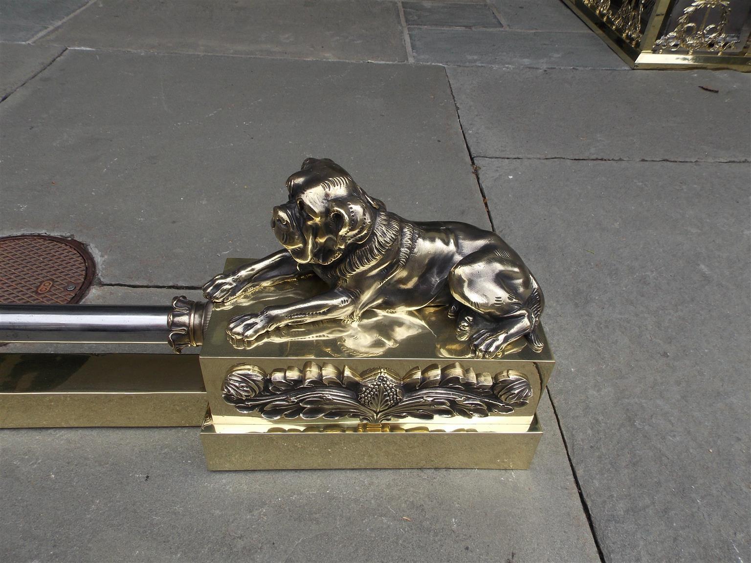 Brass French Bronze and Polished Steel Flanking Mastiffs Floral Chenet, Circa 1820 For Sale