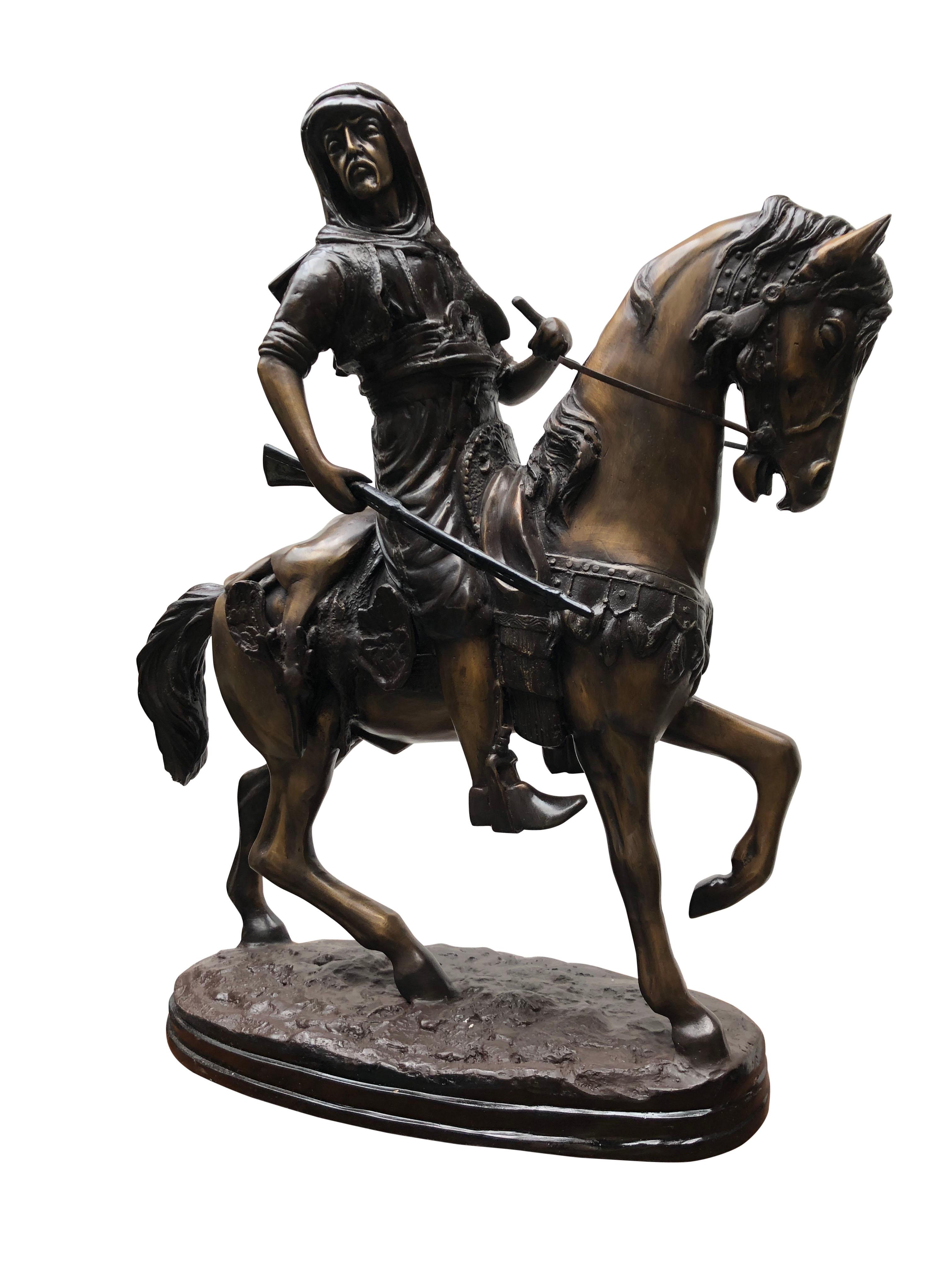 A gorgeous bronze casting of an Arab on horseback, 20th century. Piece is originally by Barye and this is a later recast from the original. Casting is superb, just look at the patina on this piece. Barye was a famous sculpturist working out of